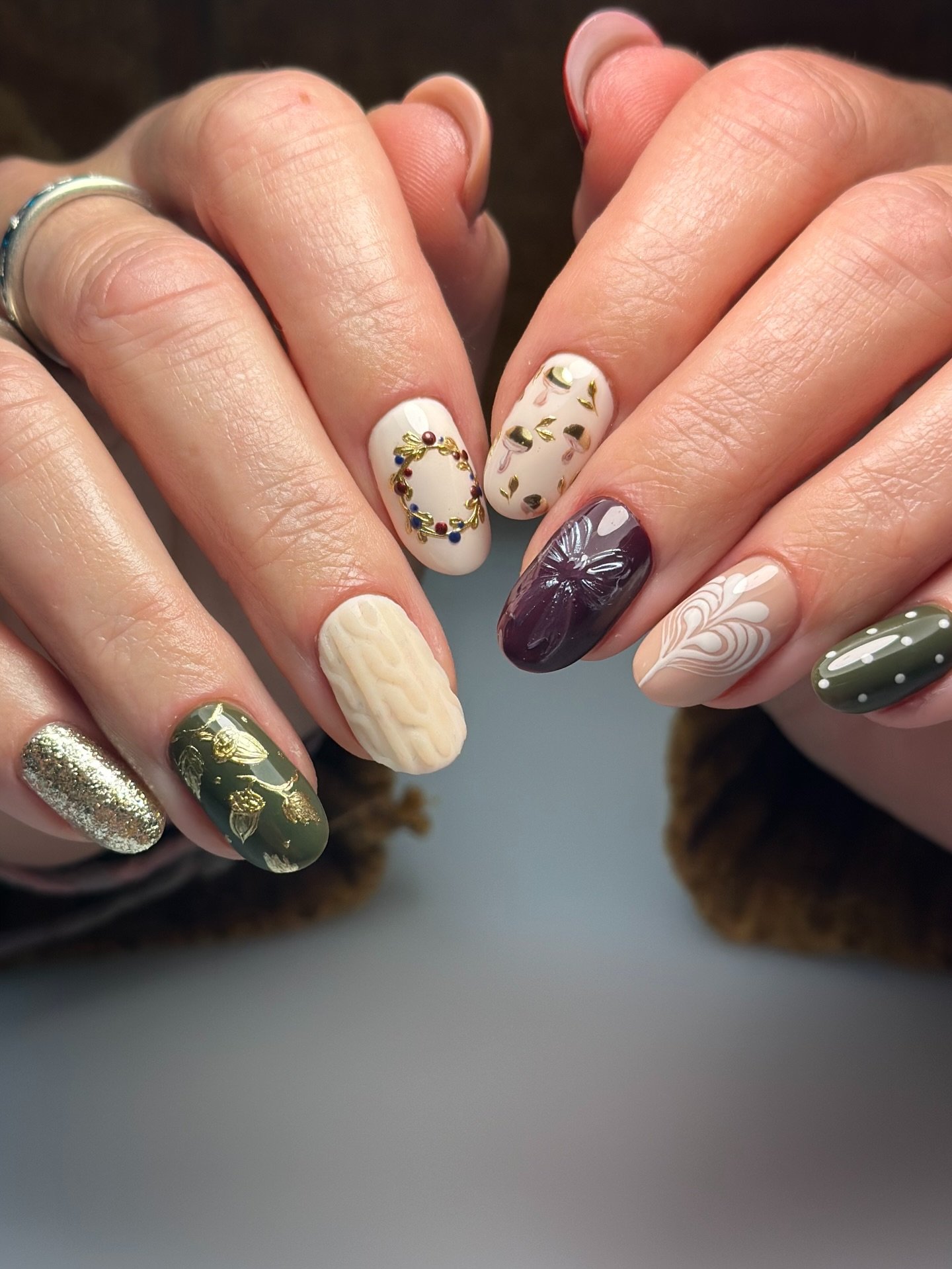 Mixed Cream, Green and Brown Autumn Almond Nails