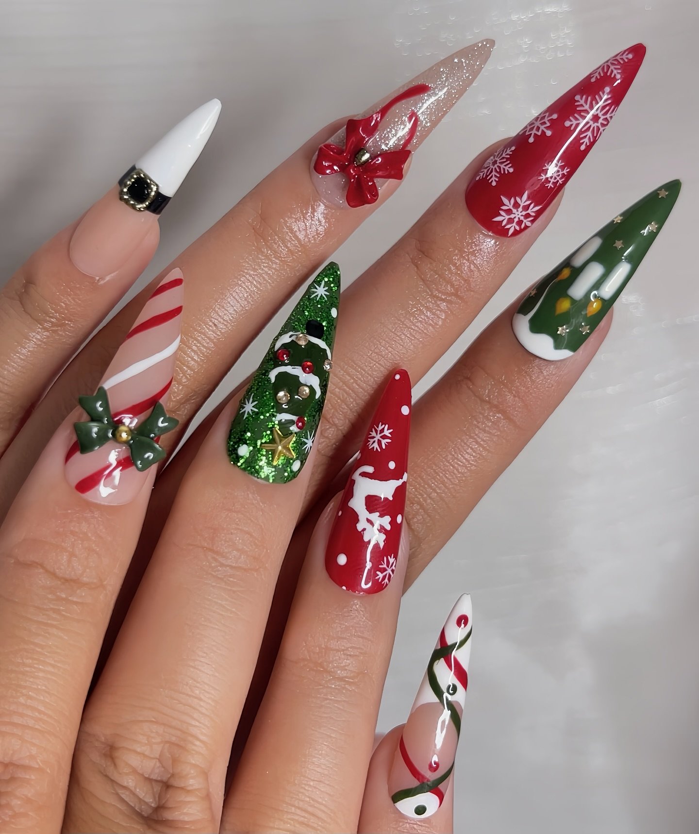 Red, Green, and White Mixed Christmas Nail Art