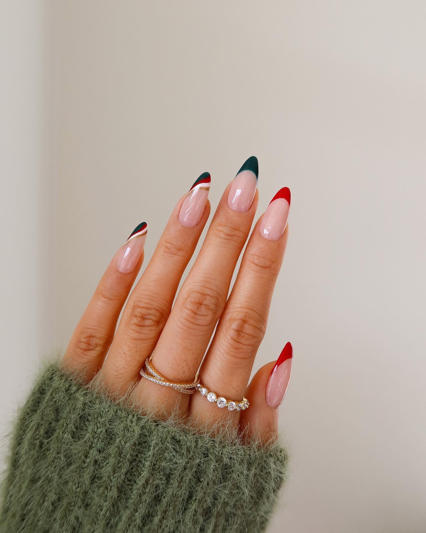 Sheer Nude Nails with Red and Green French Tips