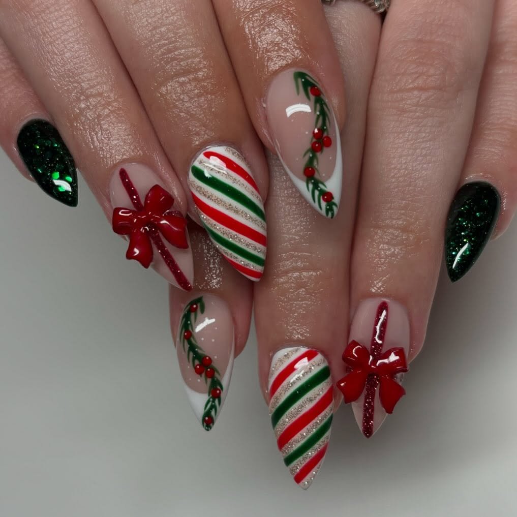 Candy Cane Stripes, Red Bows, and Green Christmas Nails