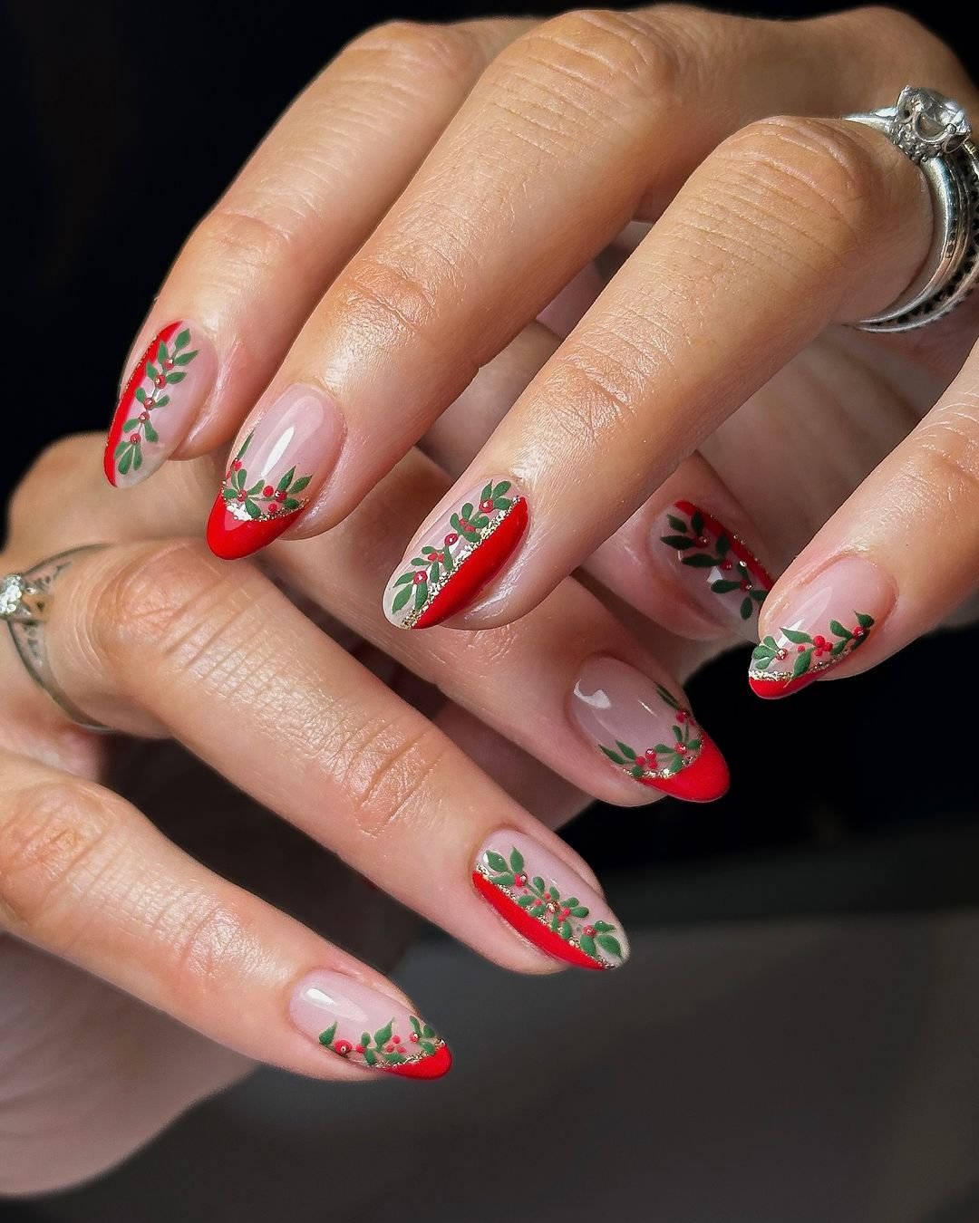 Nude Nails with Red and Green Candy-Cane Accents