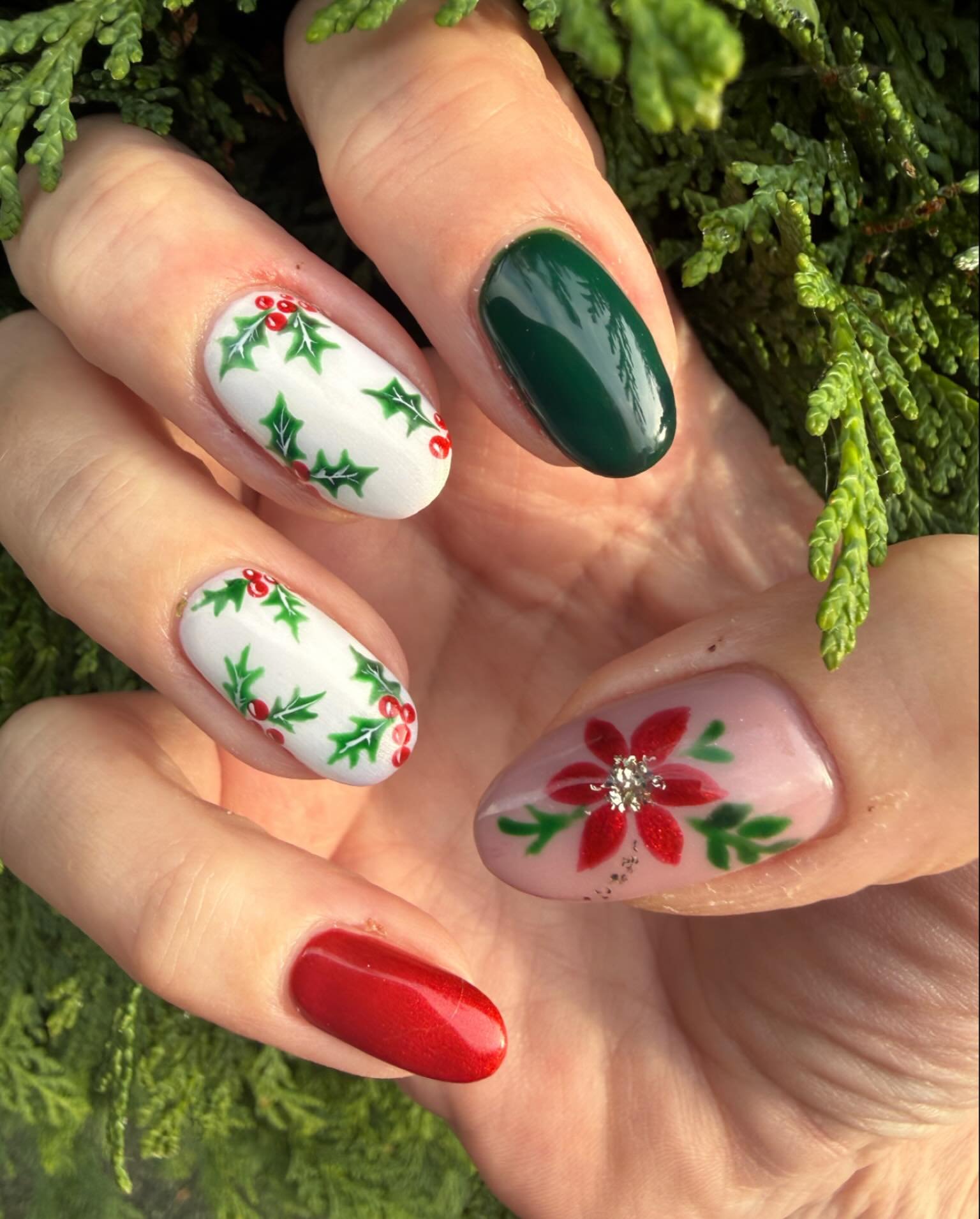 White, Red, and Green Holly Christmas Nails