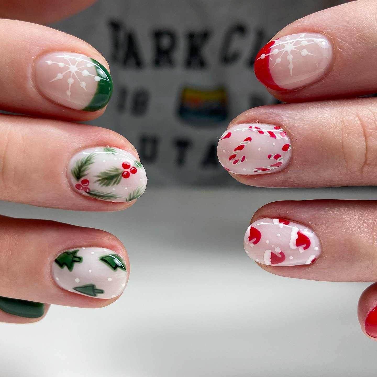 Short White Nails with Red and Green Christmas Details