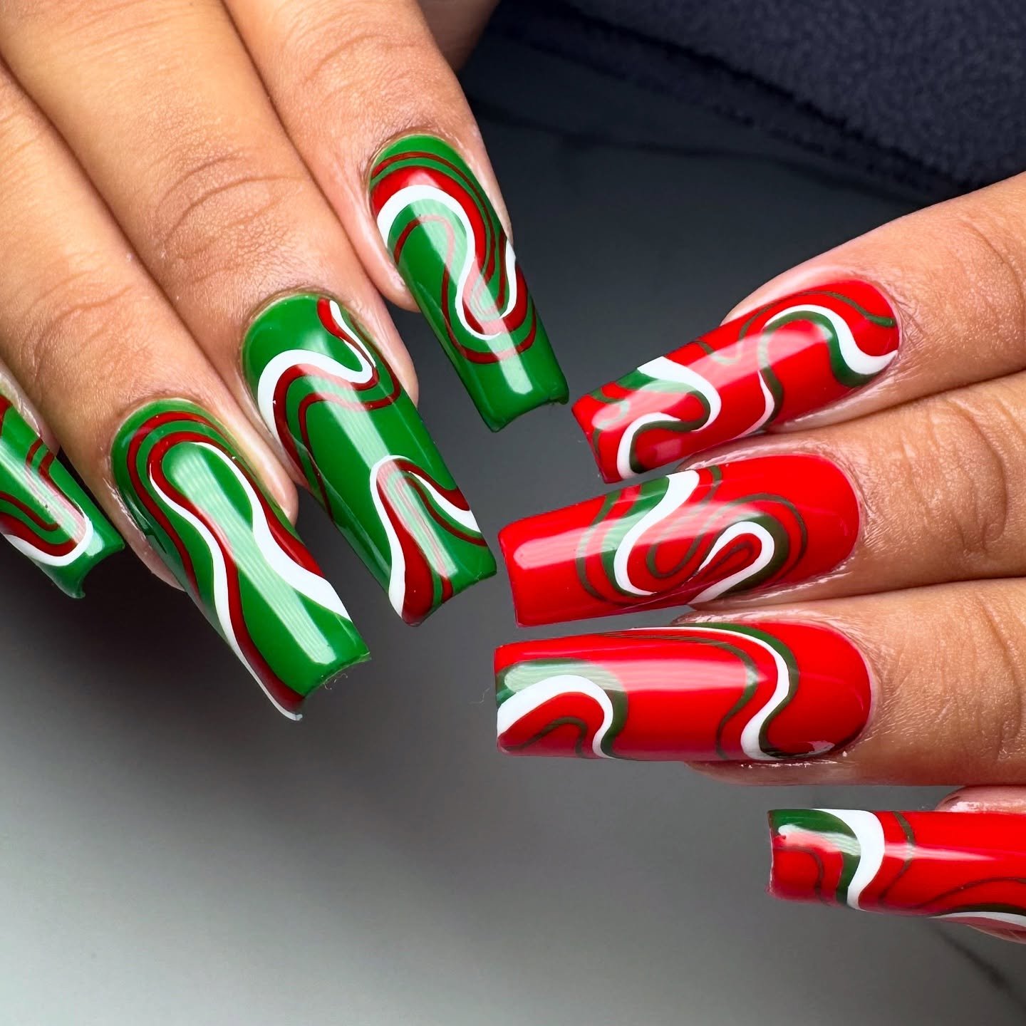 Bold Red, Green, and White Candy-Cane Nails