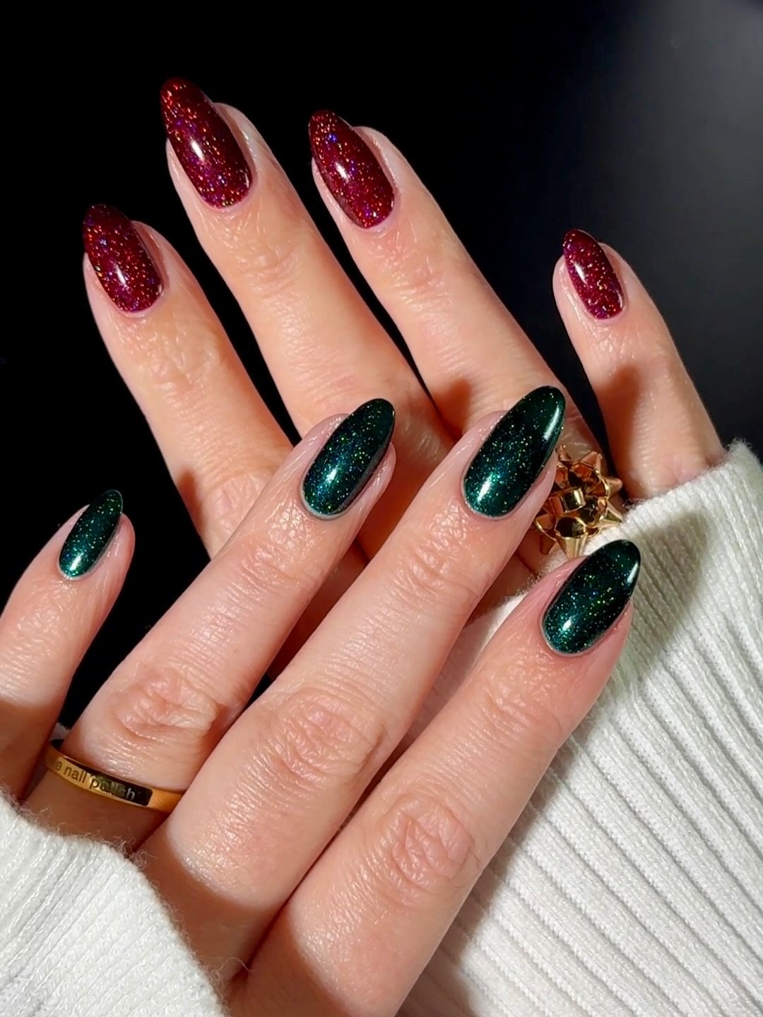 Deep Green and Red Shimmer Nails
