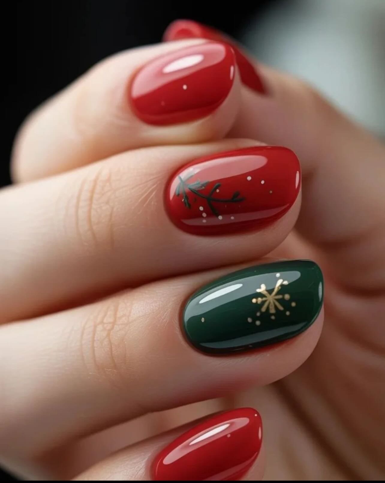 Short Red and Green Nails with White Snowflake Accents