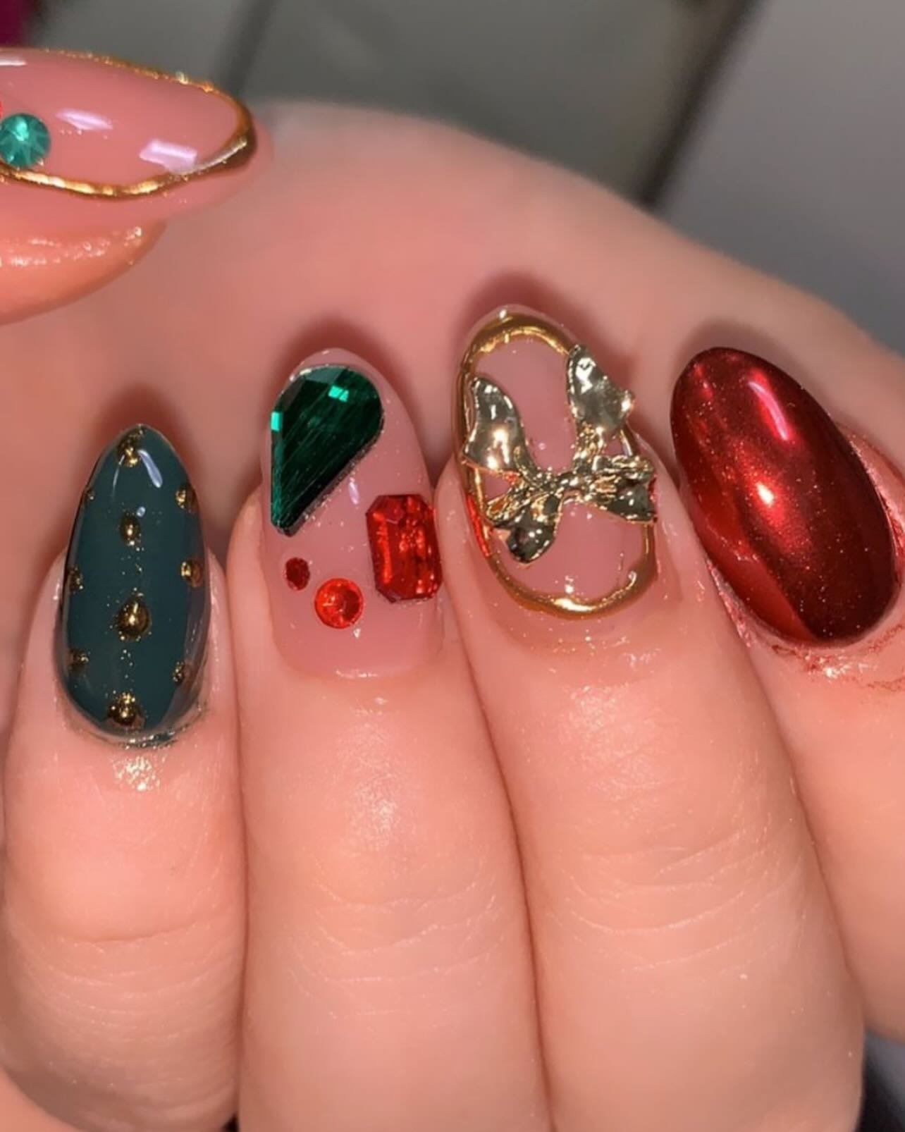 Red, Green, and Gold Mixed Holiday Nail Art
