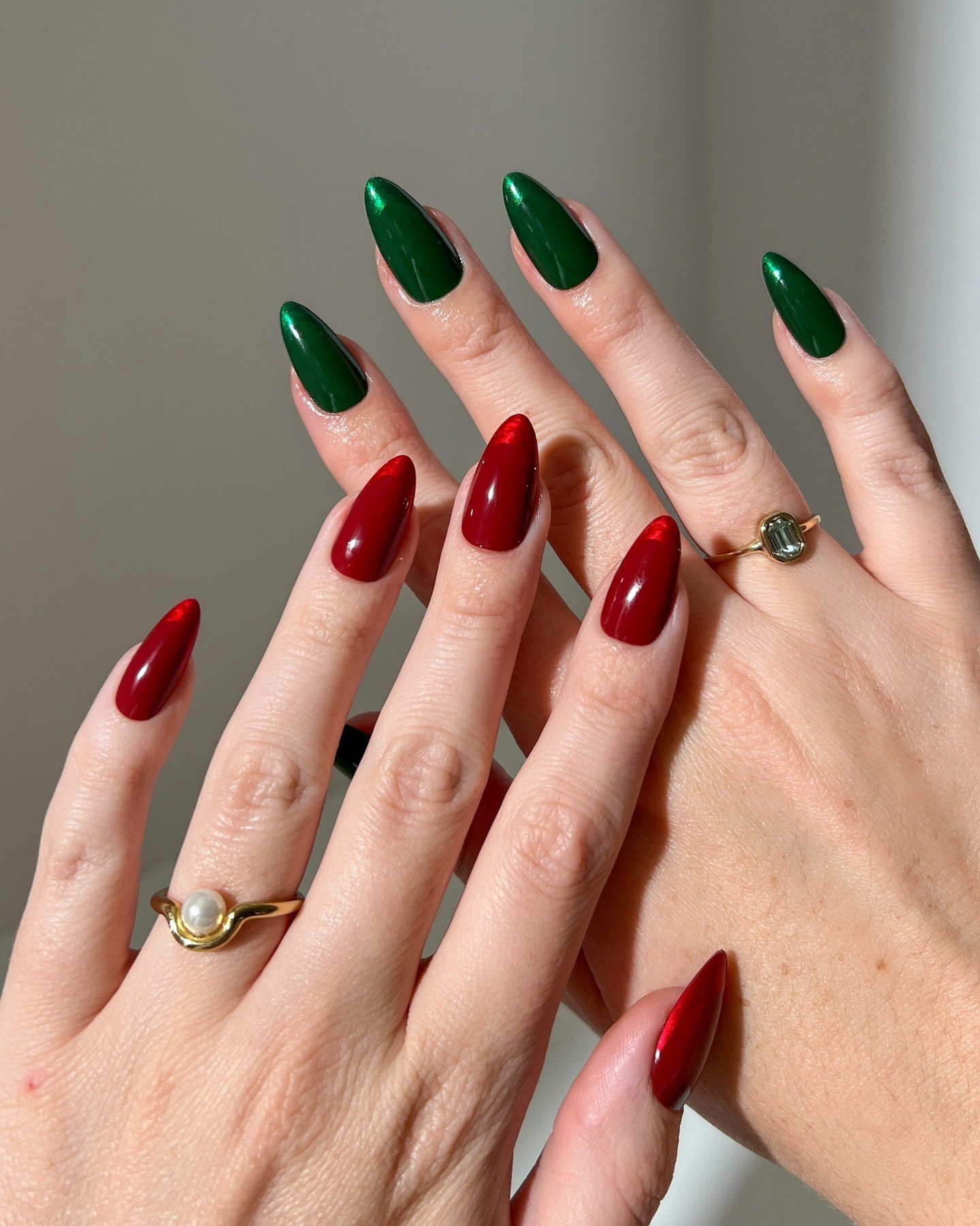 Long Red and Green Almond Nails