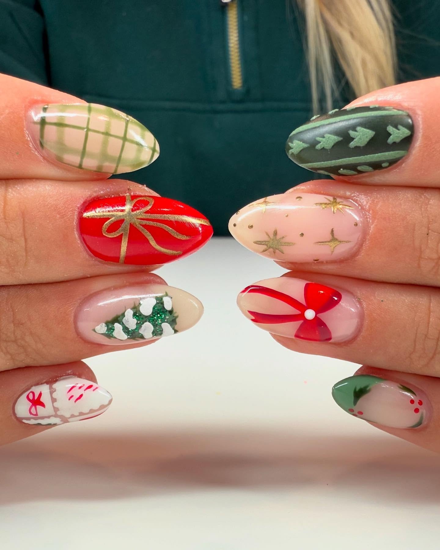 Festive Green, Red, Nude, and Plaid Nail Art