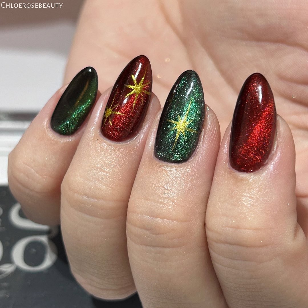 Red and Green Shimmer Nails with Holiday Accent Art