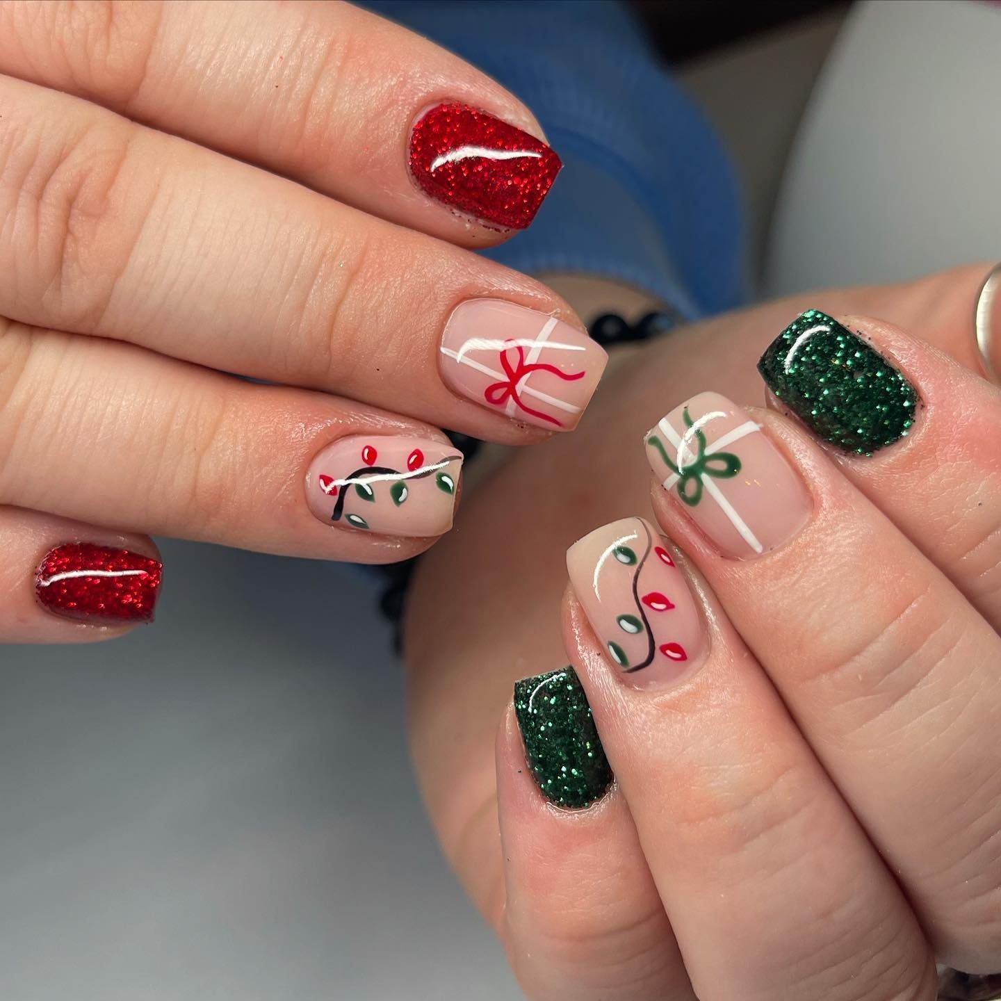 Green Glitter and Red Christmas Nails with Gift Details