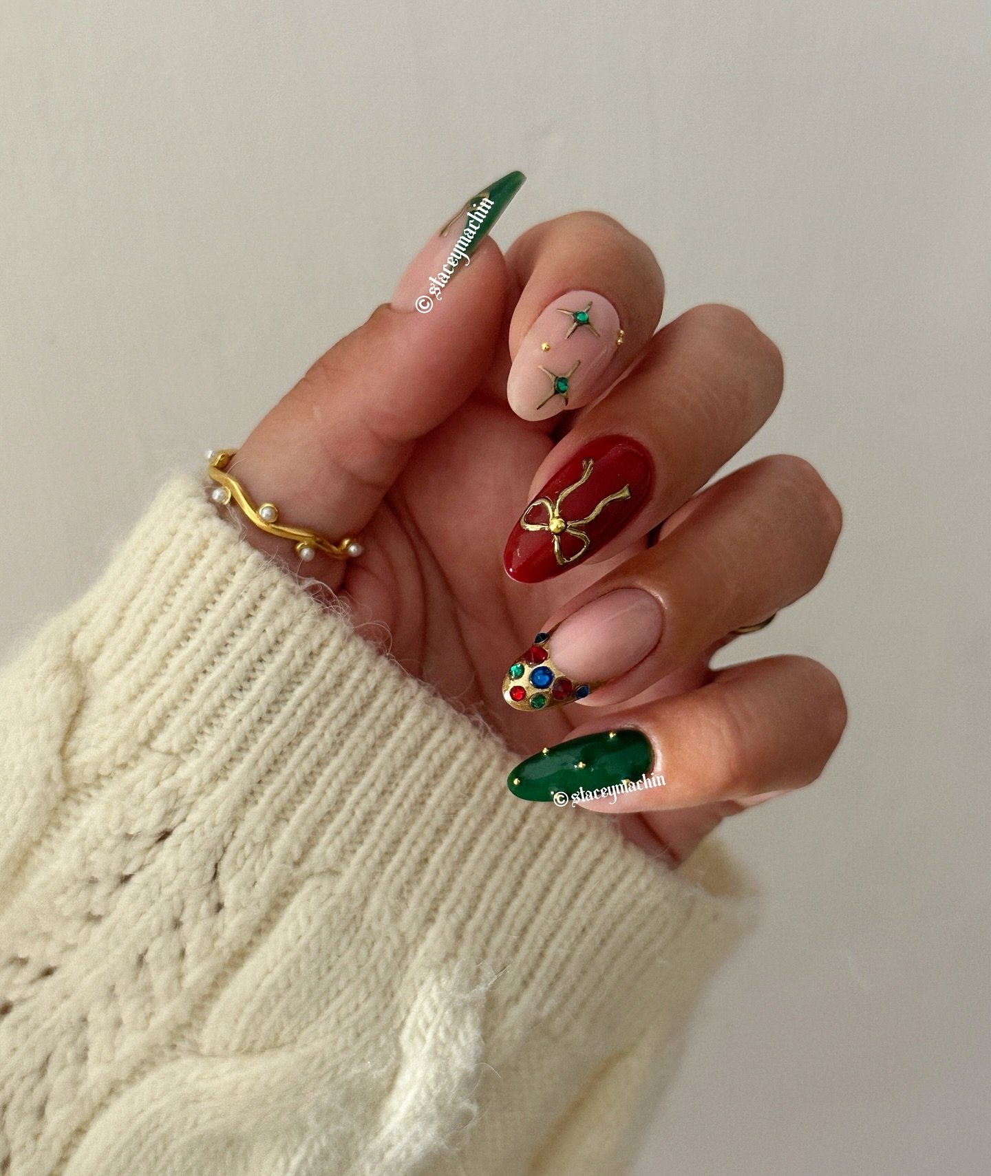 Red and Green Christmas Nails with Snowflakes and Candy Canes