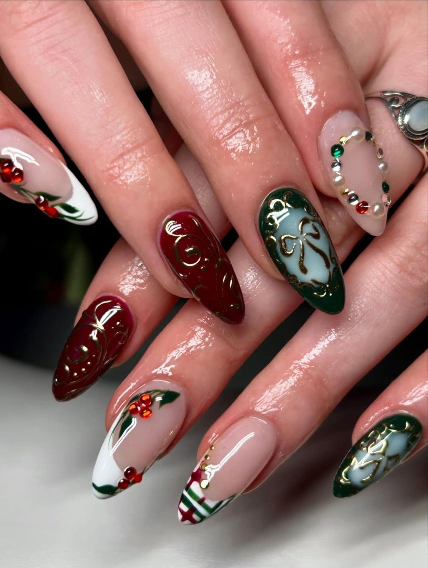 Red and Green Christmas Nails with White Candy-Cane Details