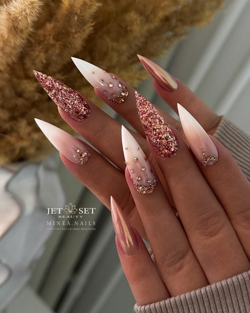 Long Stiletto Nude Nails with Rose Gold Foil Accents