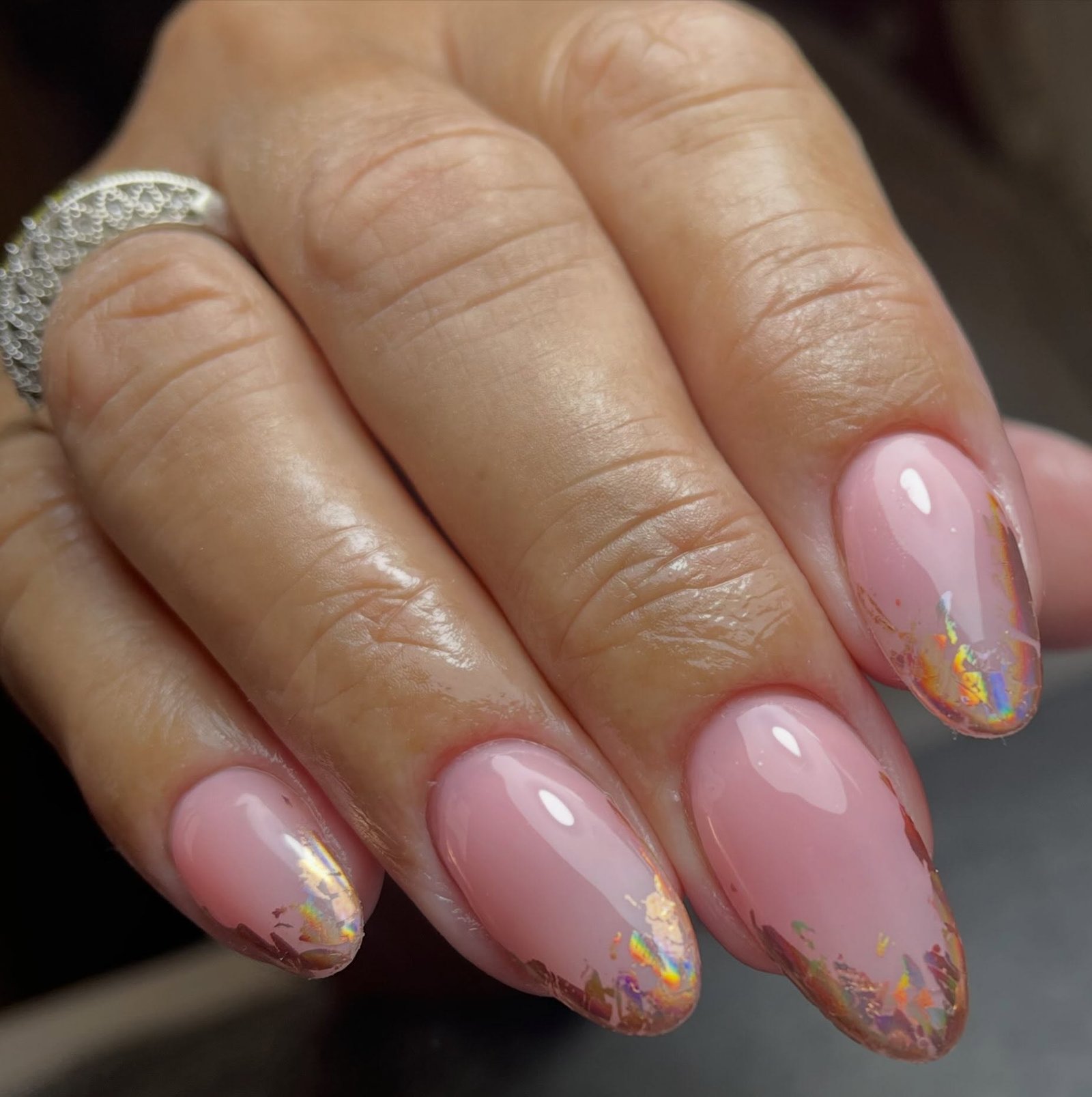 Short Oval Pink Nails with Foil-Tipped Accents