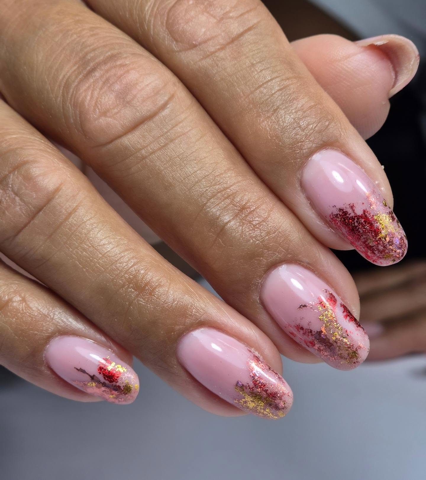 Soft Pink Almond Nails with Rose Gold Foil Flecks