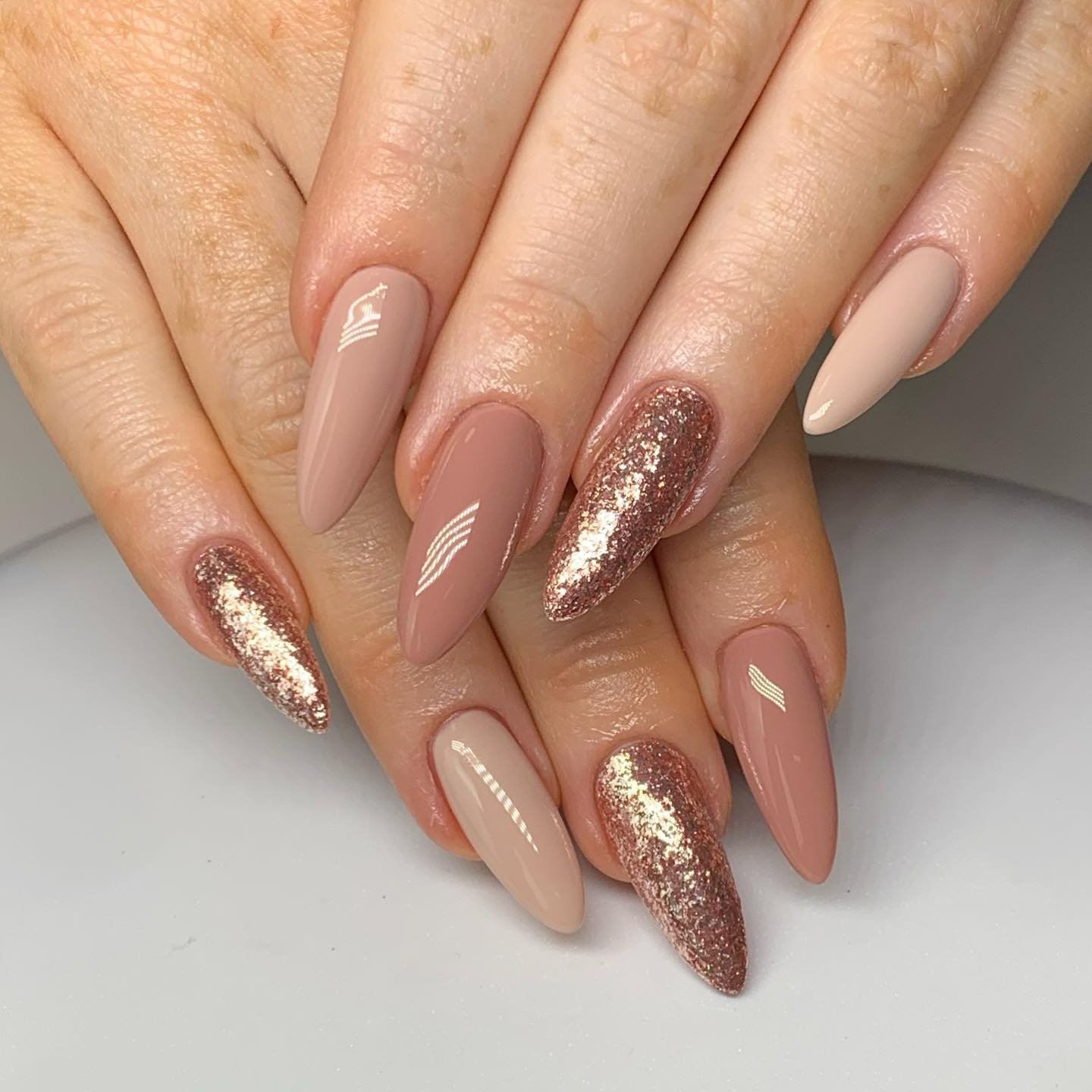 Nude Almond Nails with Rose Gold Glitter-Foil Accents