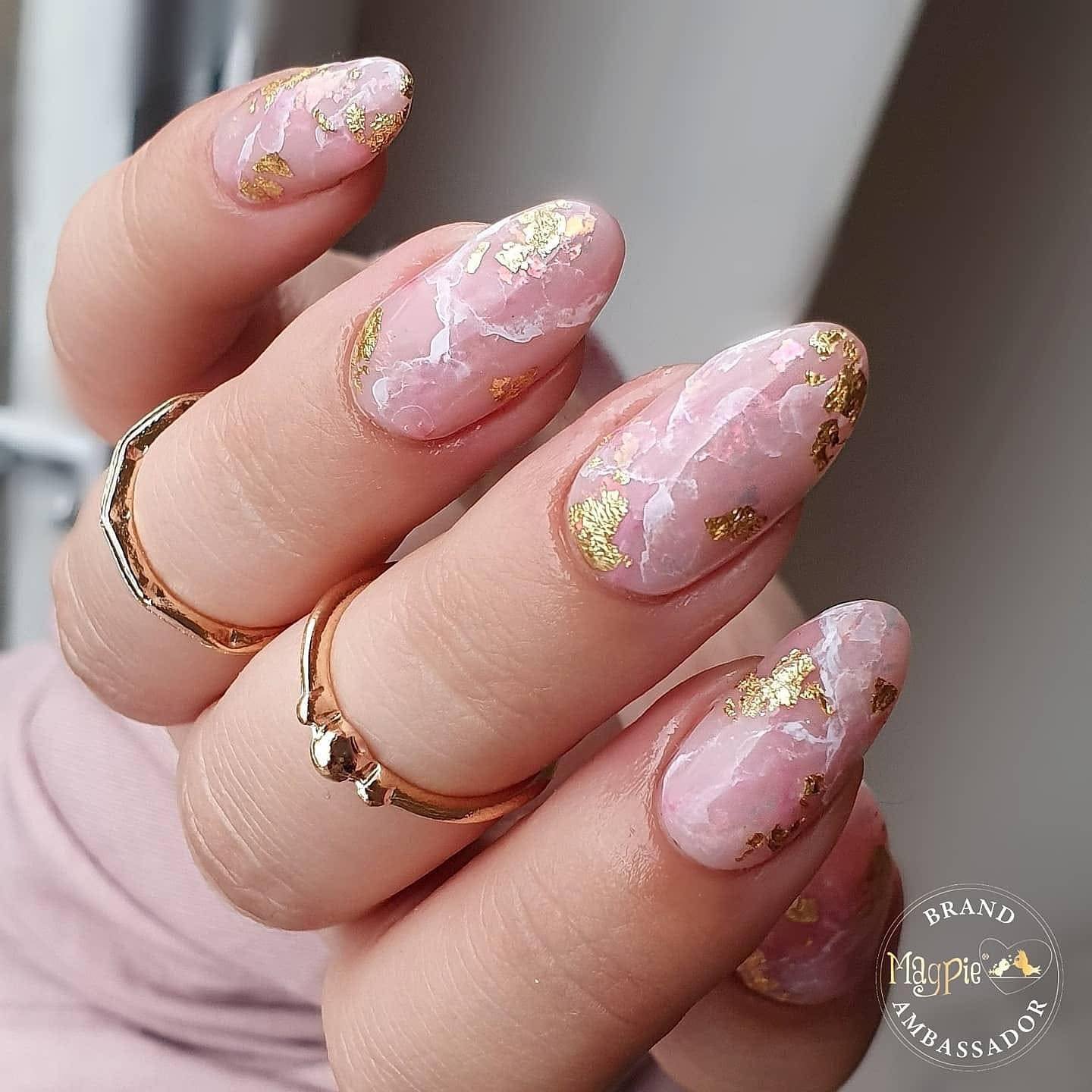Pink Almond Nails with Swirled Rose Gold Foil