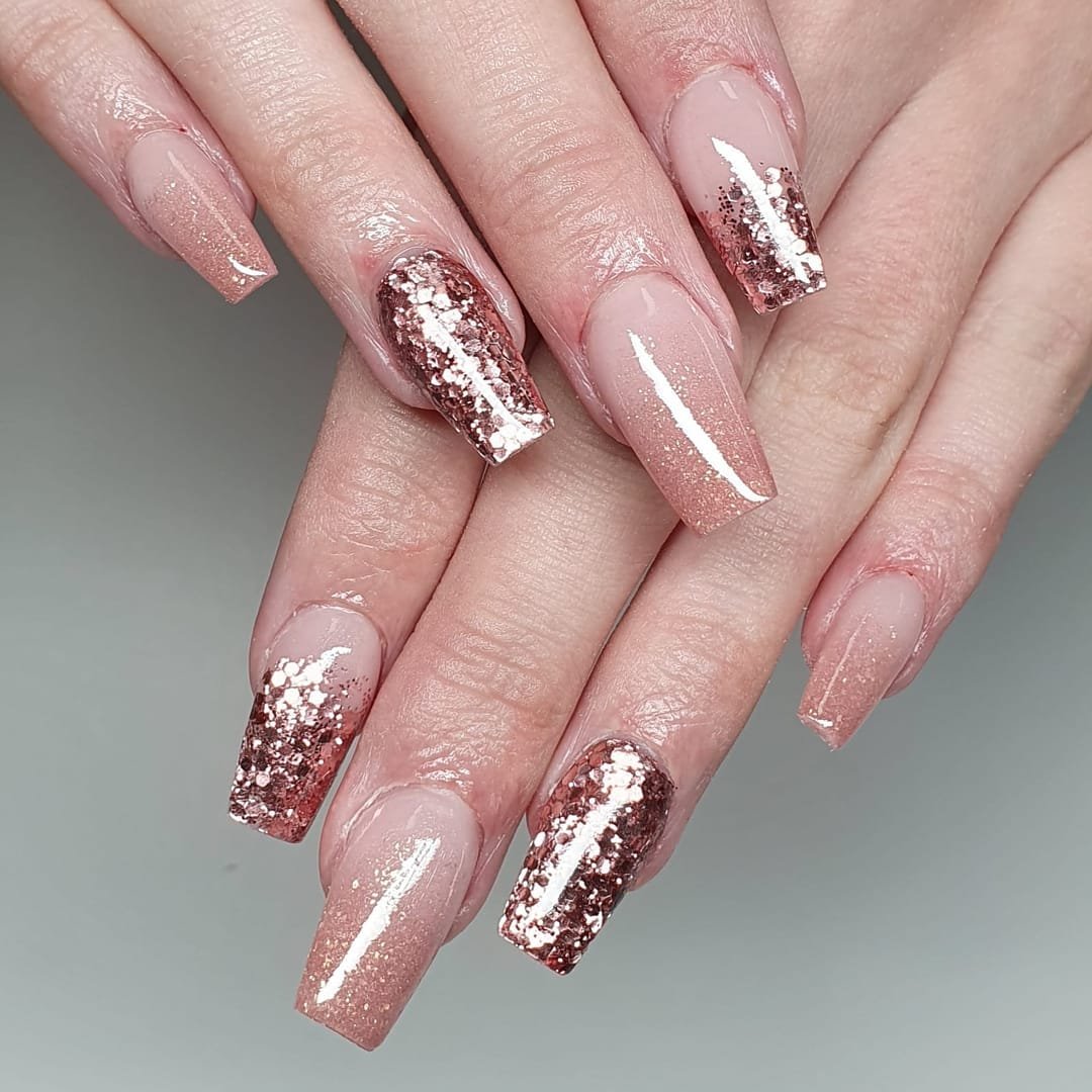 Blush Pink Coffin Nails with Foil Glitter Accents