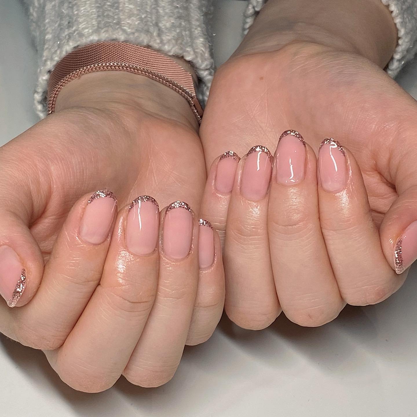 Sheer Pink Rounded Nails with Subtle Foil Details