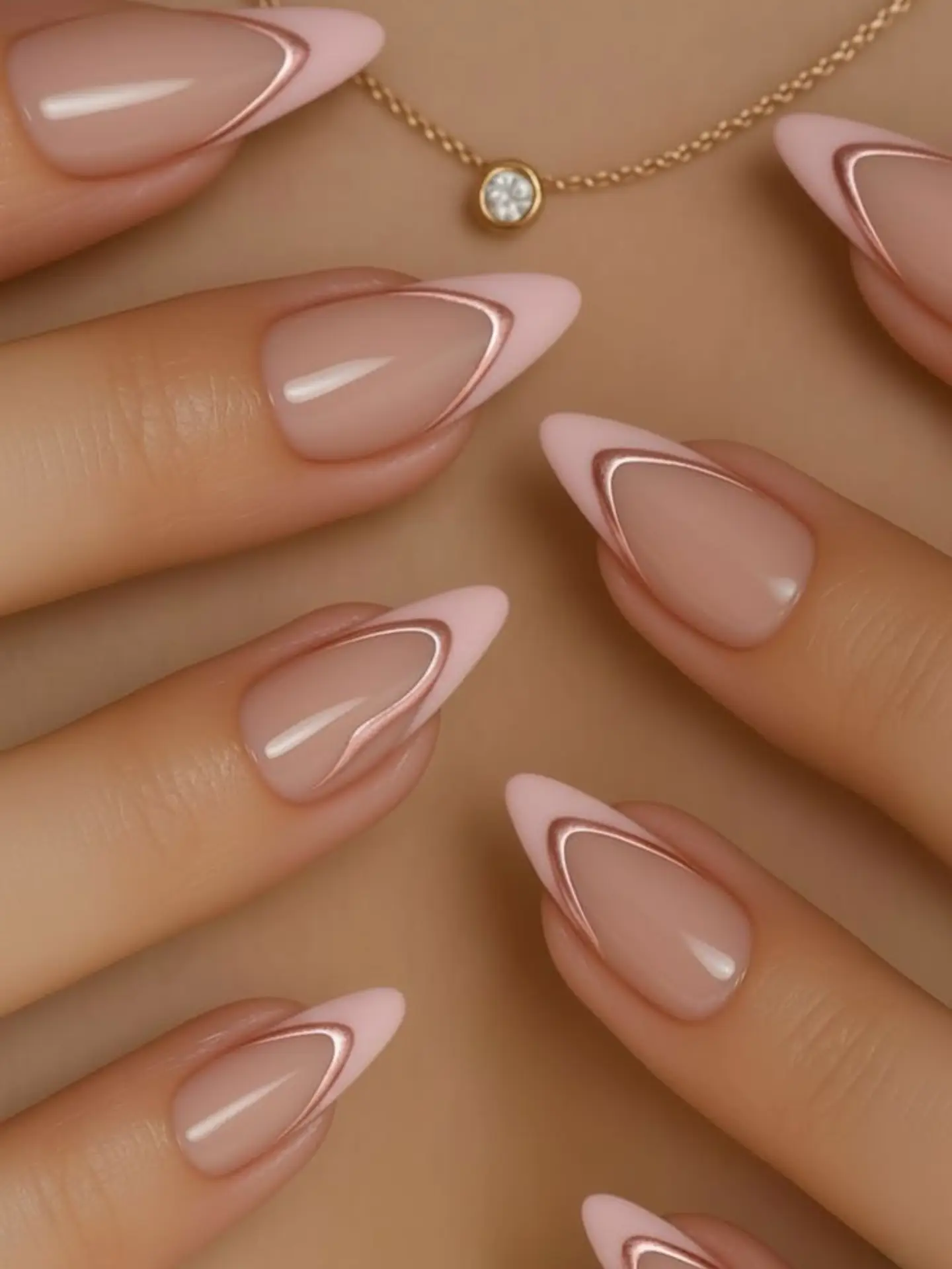Glossy Nude Almond Nails with Fine Outline Details