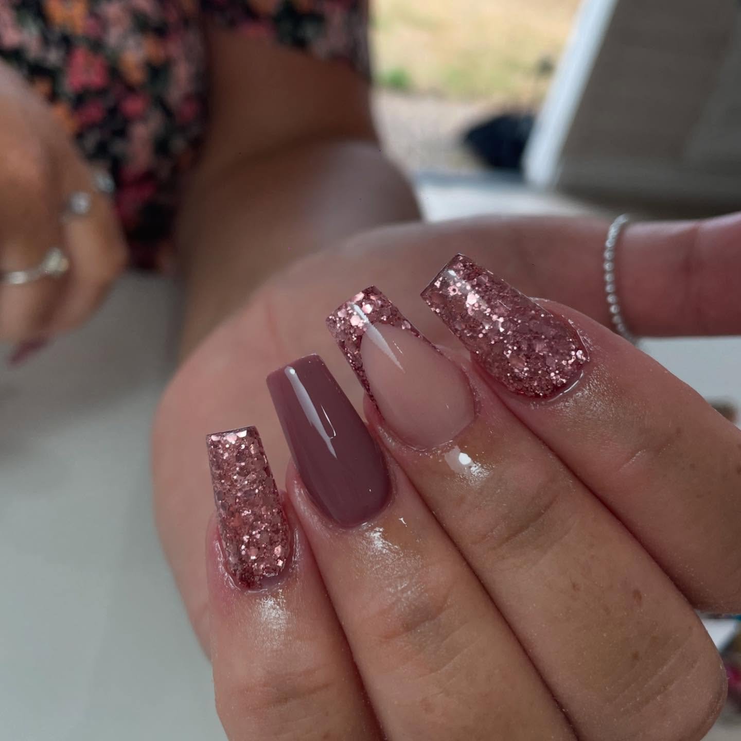 Mauve Pink Coffin Nails with Rose Gold Glitter Accents