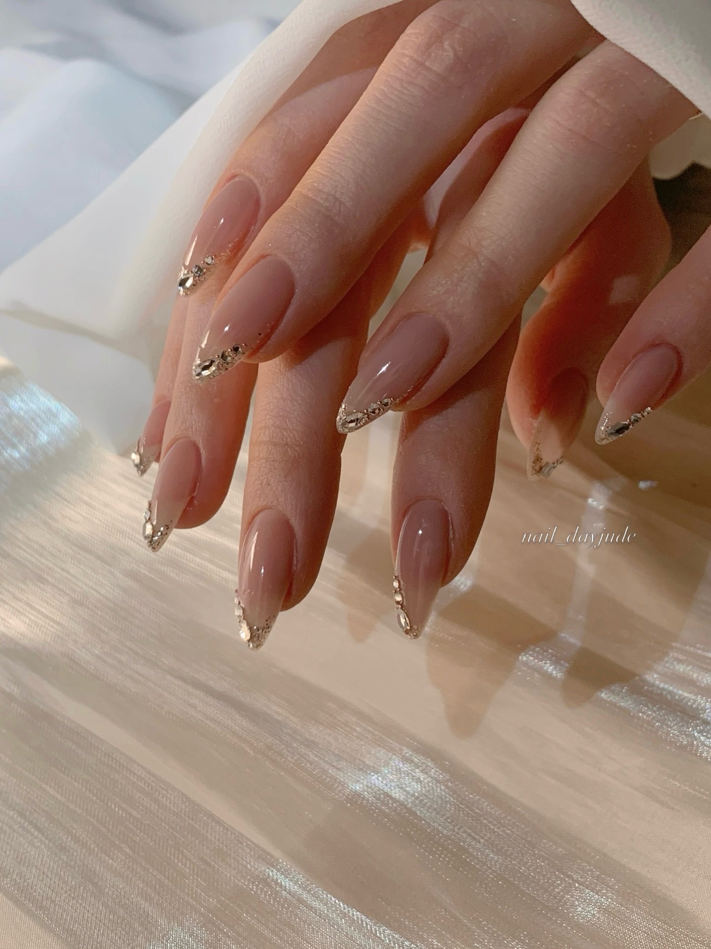 Long Nude Stiletto Nails with Minimal Metallic Accents