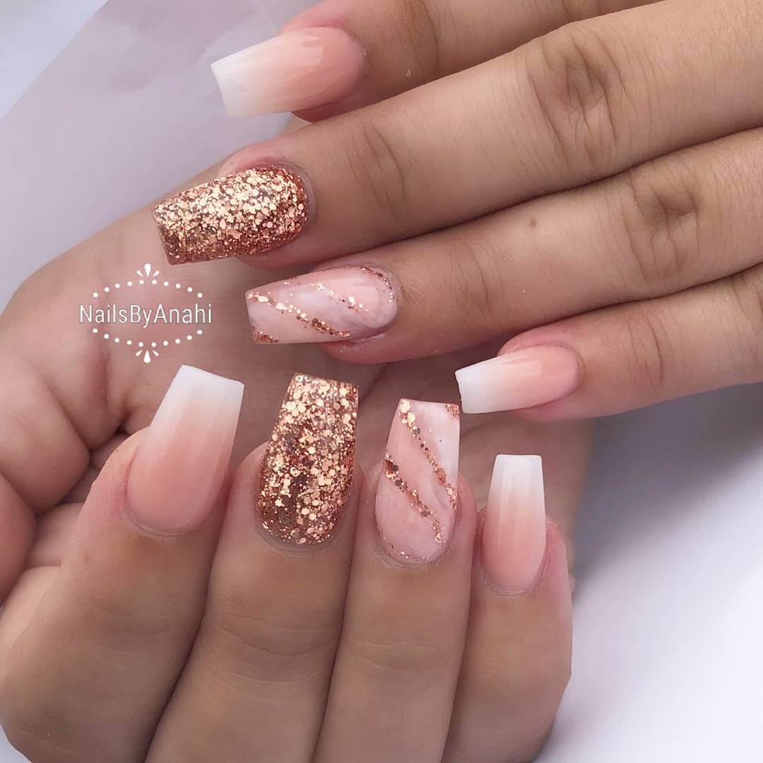 Pink Coffin Nails with Rose Gold Glitter Accents