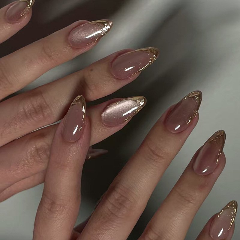 Brown Nude Almond Nails with Rose Gold Edge Accents