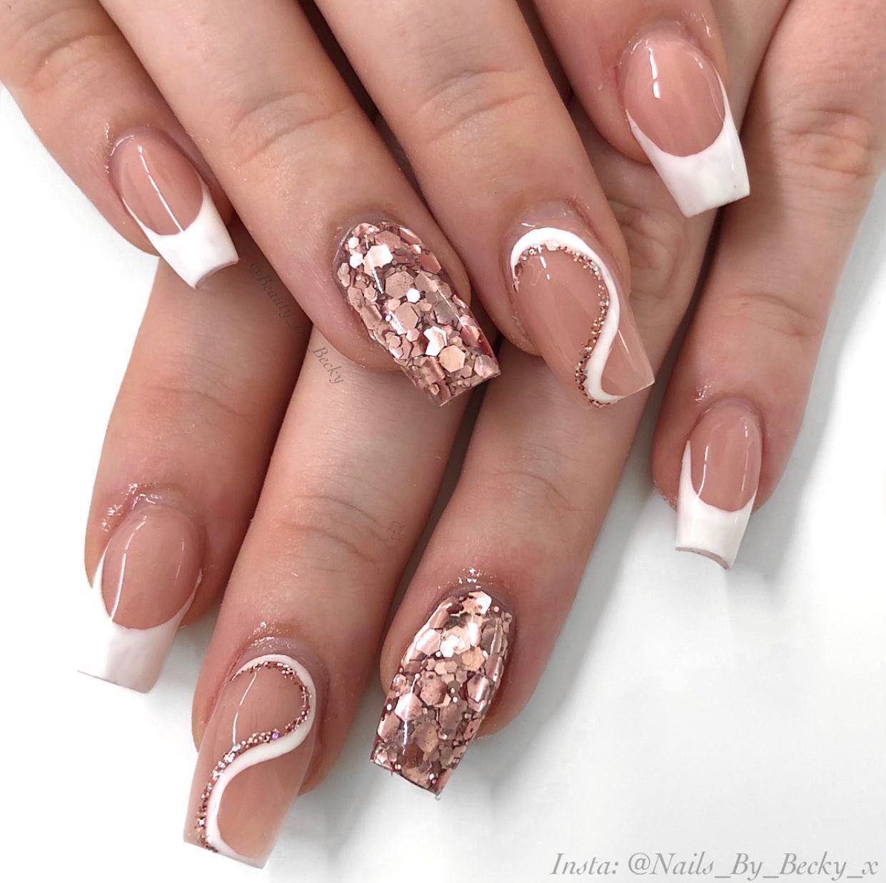 Nude Square Nails with White Tips and Rose Gold Glitter Accents