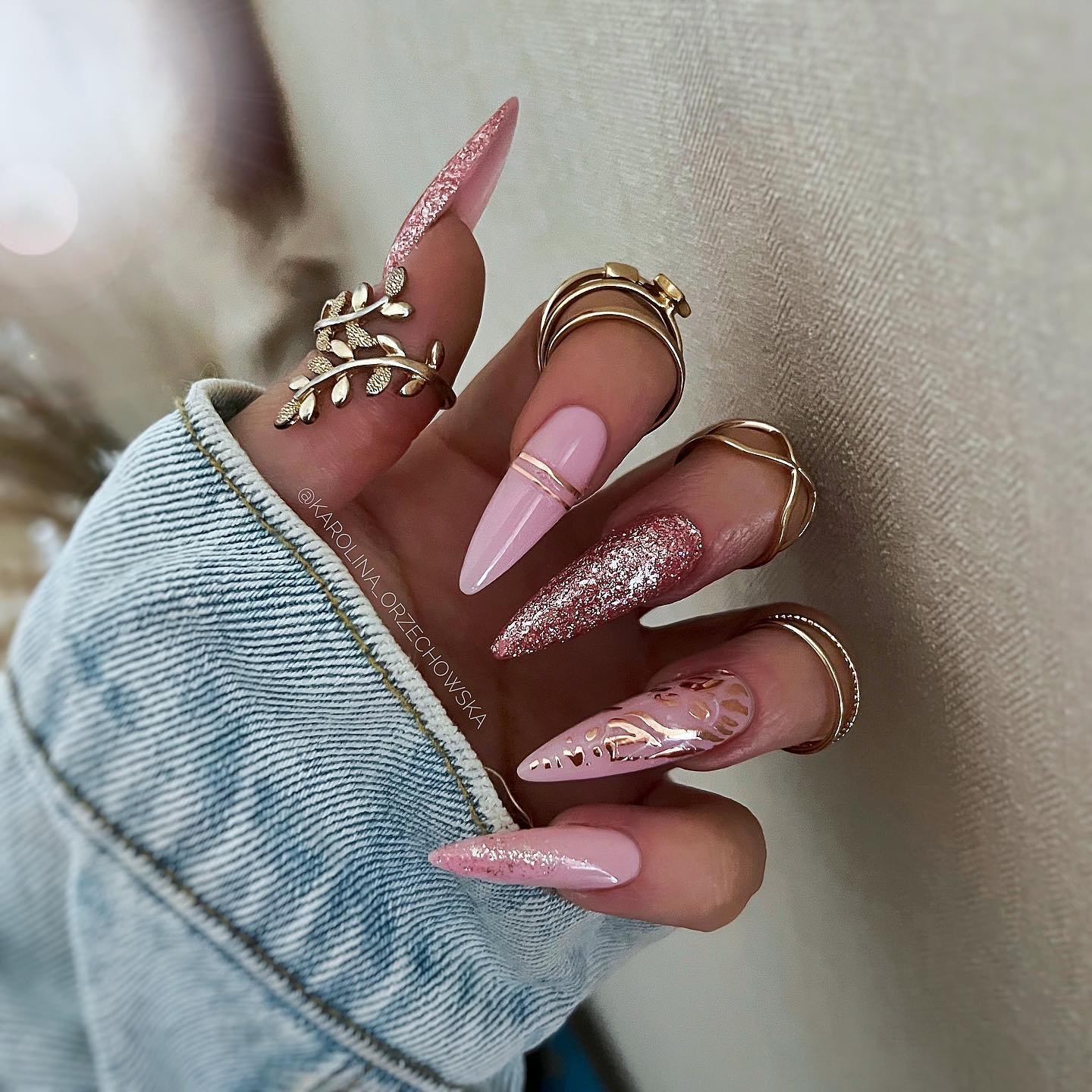 Pink Stiletto Nails with Rose Gold Foil and Metallic Charms