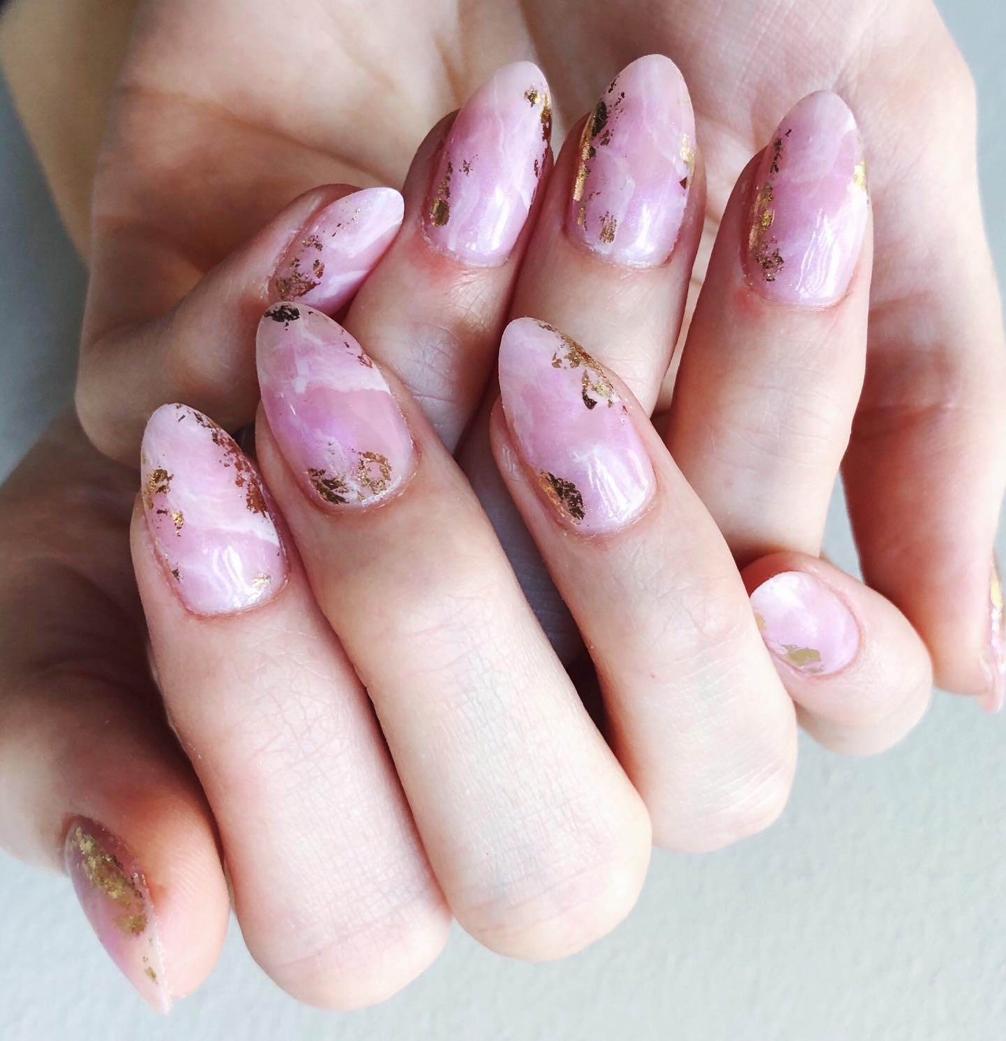 Sheer Pink Nails with Rose Gold Foil and Marbled Accents