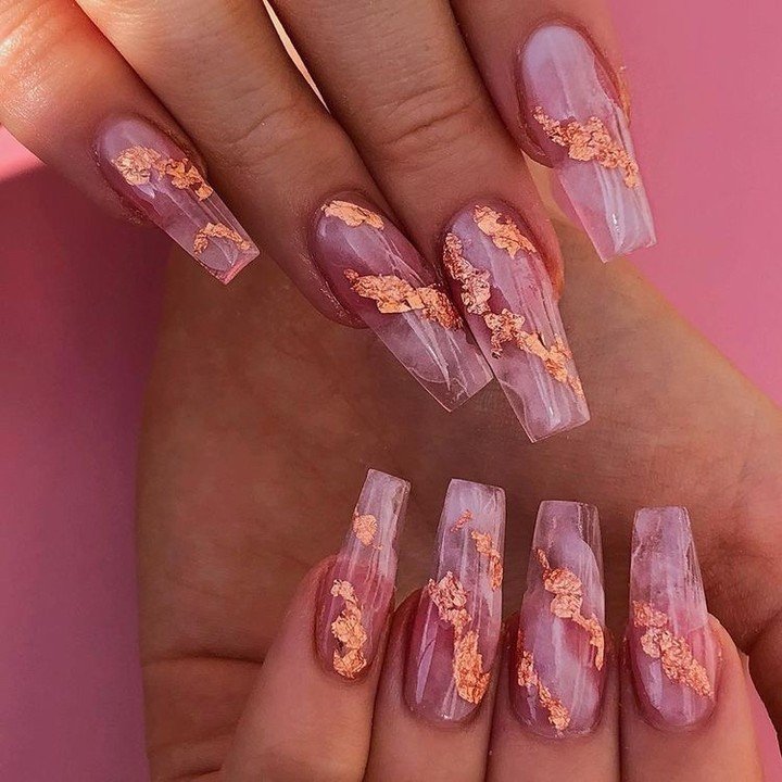 Long Clear Pink Square Nails with Rose Gold Foil Designs