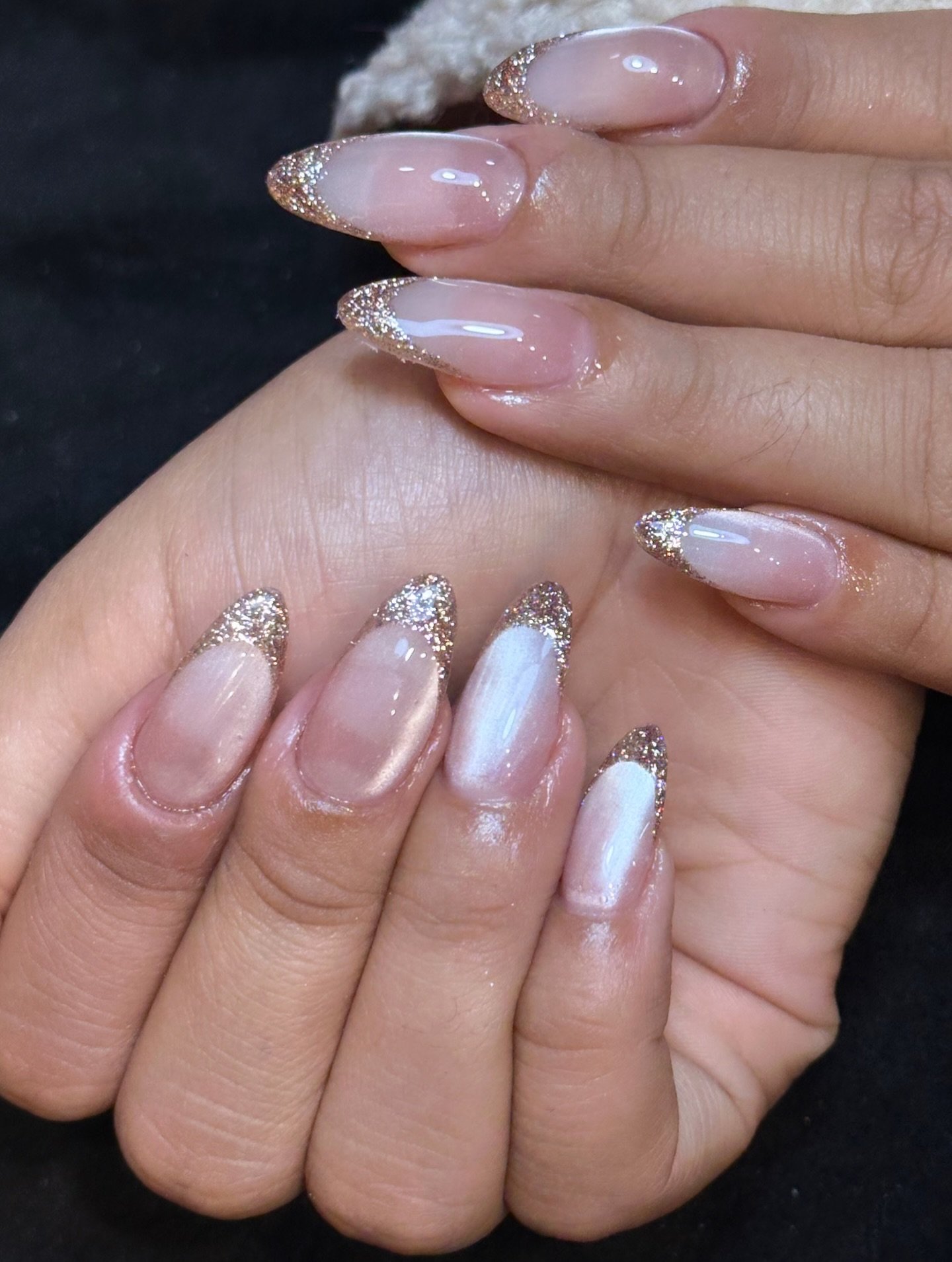 Sheer Pink Nails with Silver-Rose Reflective Accents