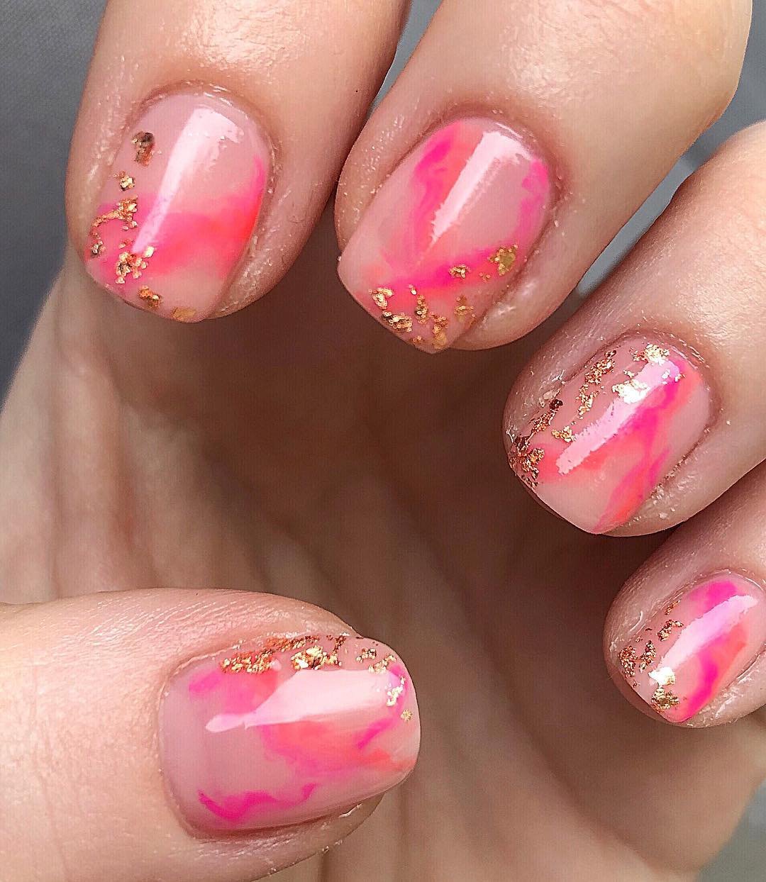 Short Pink Nails with Rose Gold Foil Swirls