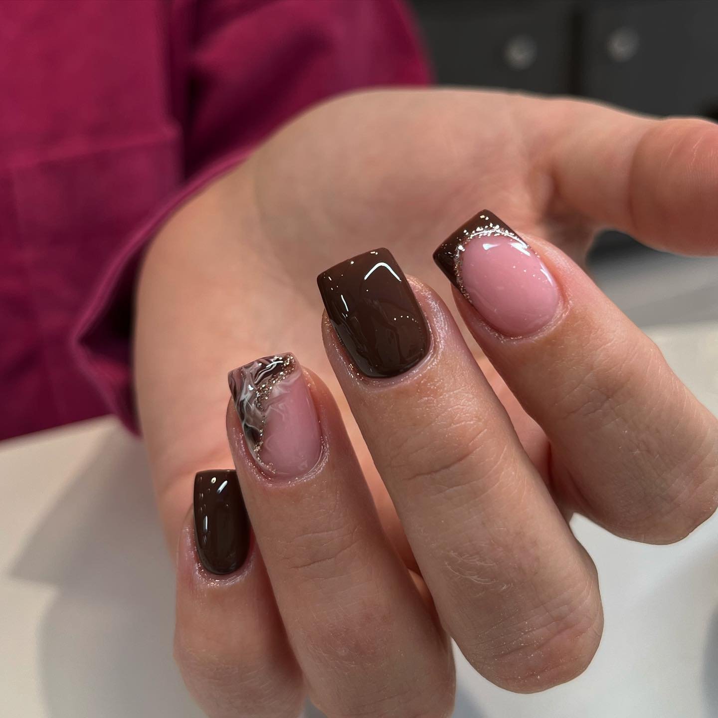 Glossy Brown and Pink Short Nails with Tiny Sparkle Accents