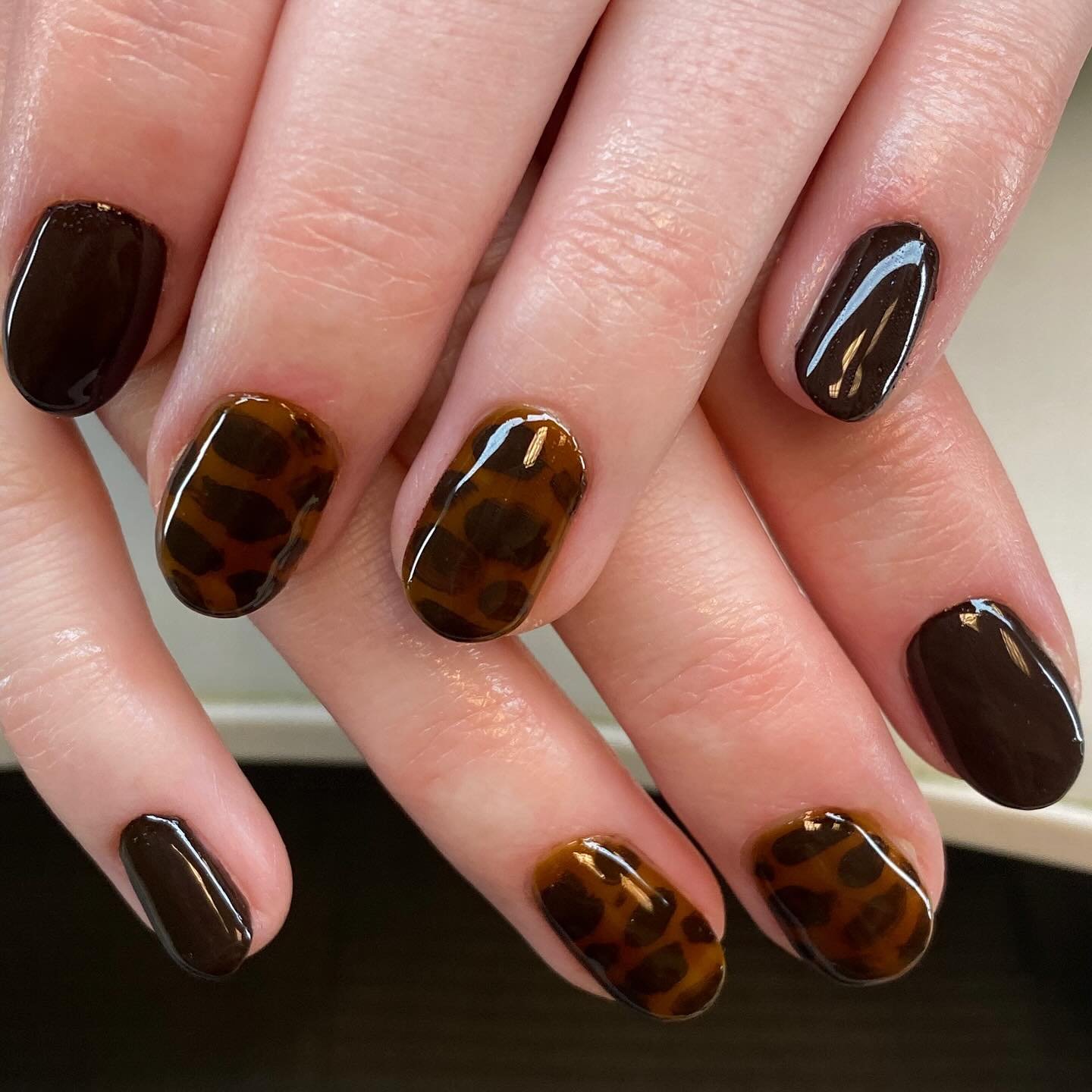 Short Brown Tortoiseshell Nails with Black Accent Details