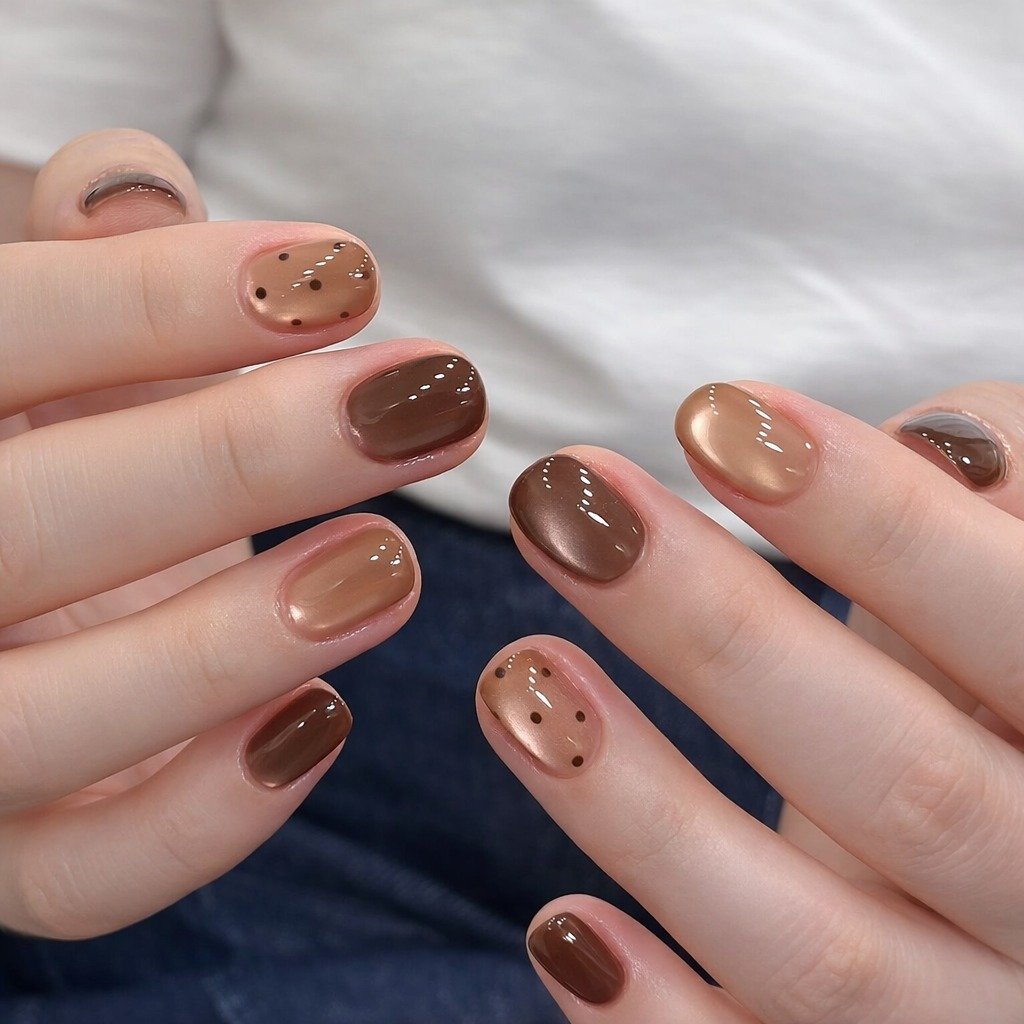 Short Brown Nails with Speckled Nude Accents