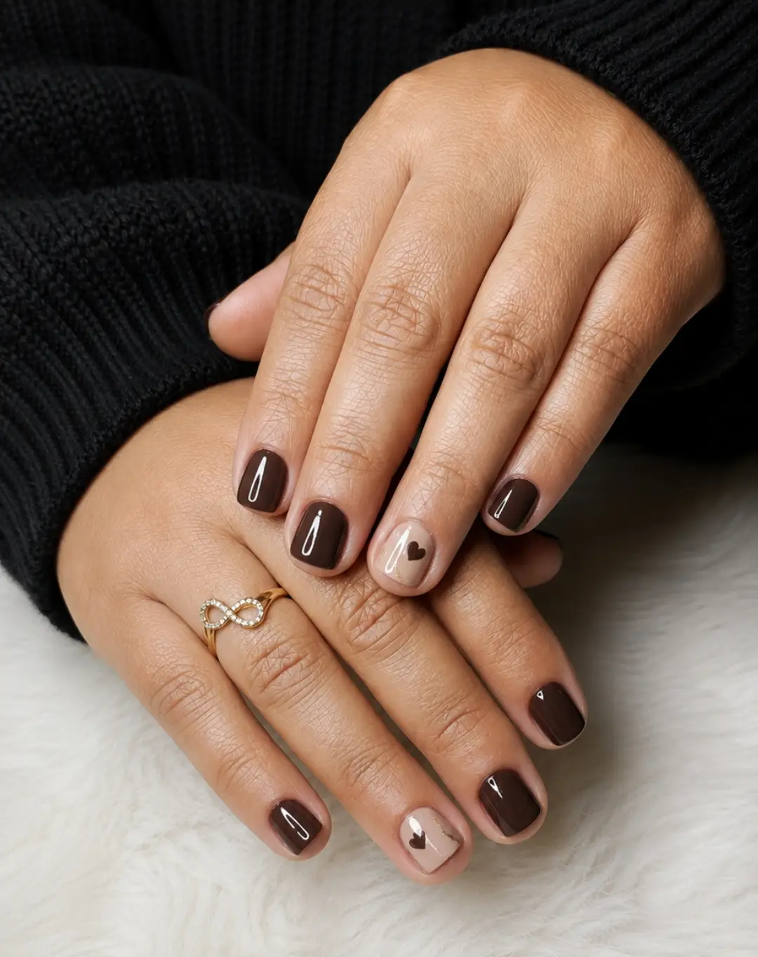 Short Brown Nails with Minimal Nude and Metallic Accents