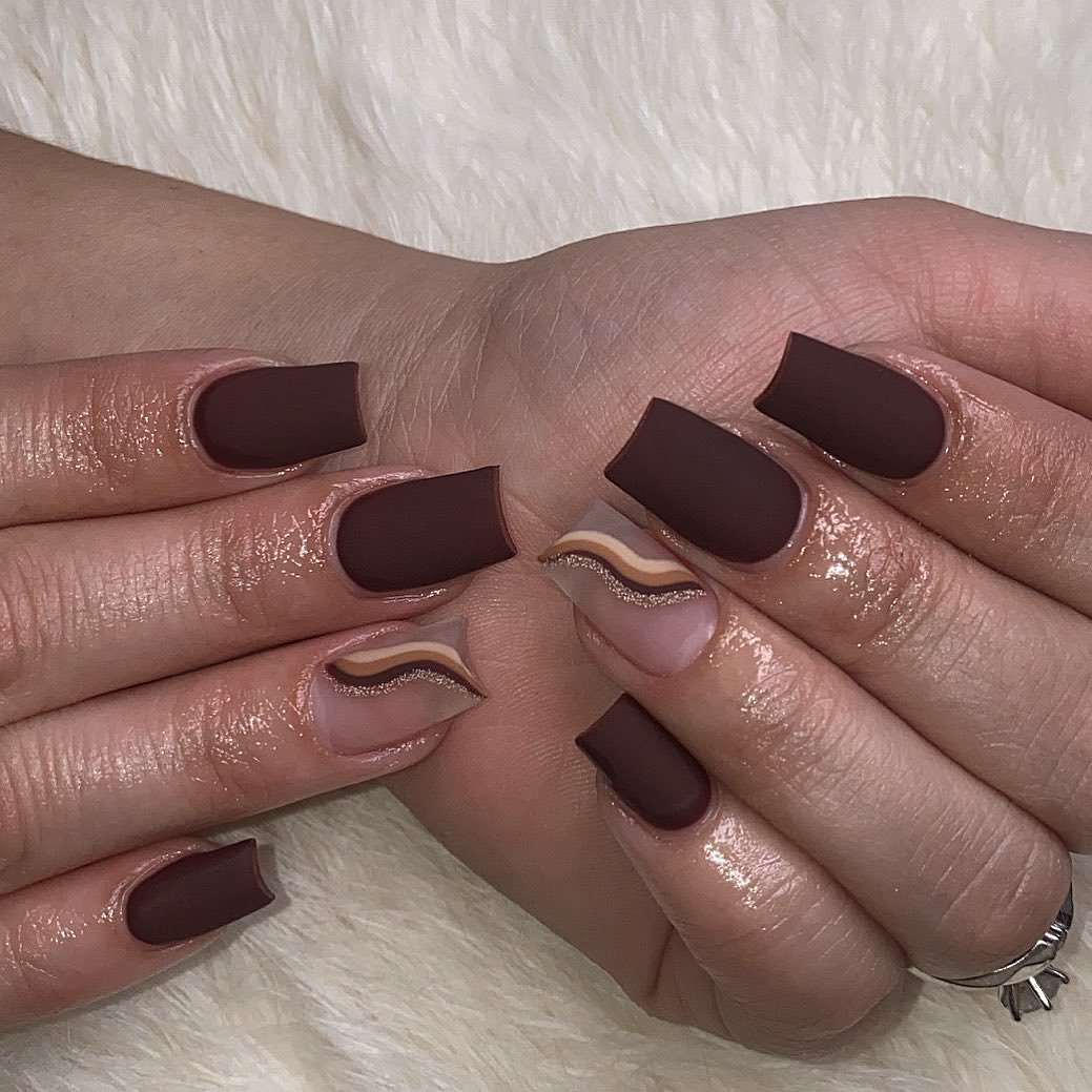 Short Matte Brown Nails with Curved Negative-Space Details