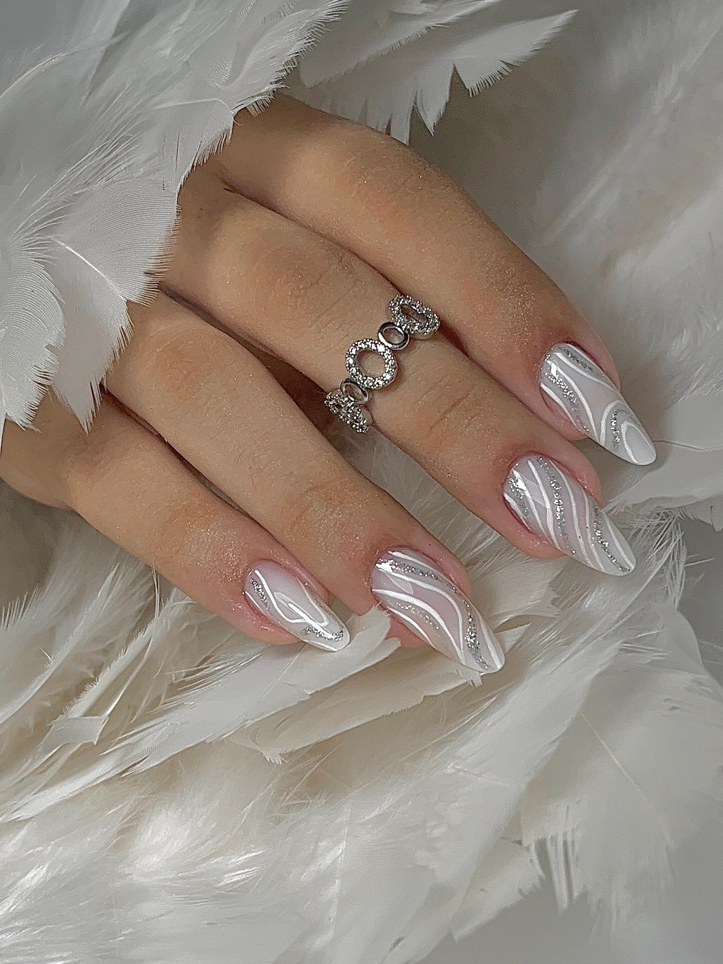 Silver Christmas nails idea 6: Long Sheer Nails with Silver French Tips