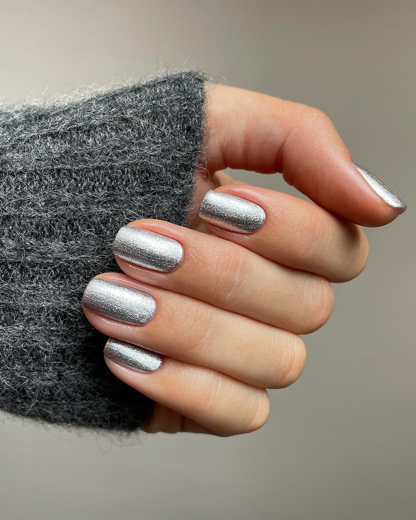 Silver Christmas nails idea 20: Short Metallic Silver Nails
