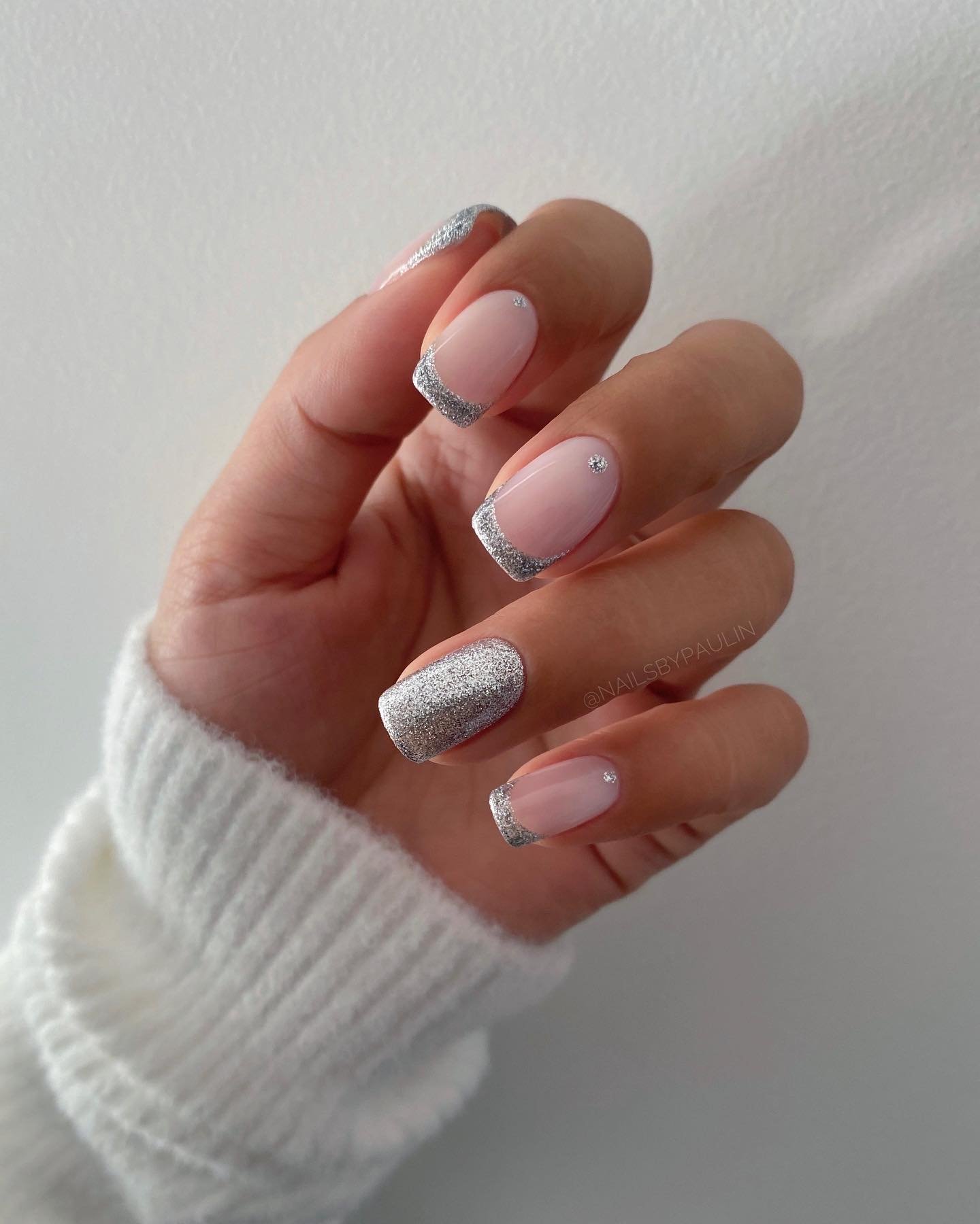 Silver Christmas nails idea 23: Short Sheer Pink Nails with Silver Glitter Tips