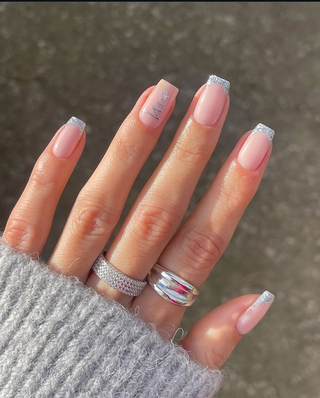 Silver Christmas nails idea 30: Sheer Pink Nails with Silver French Tips