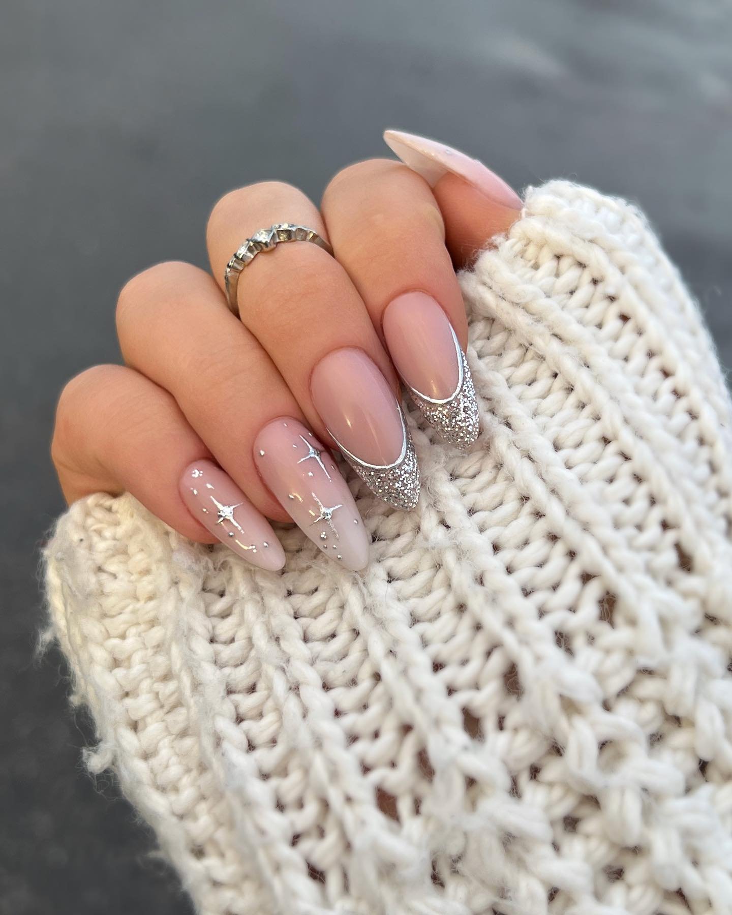 Silver Christmas nails idea 34: Soft Pink Almond Nails with Silver Glitter Tips