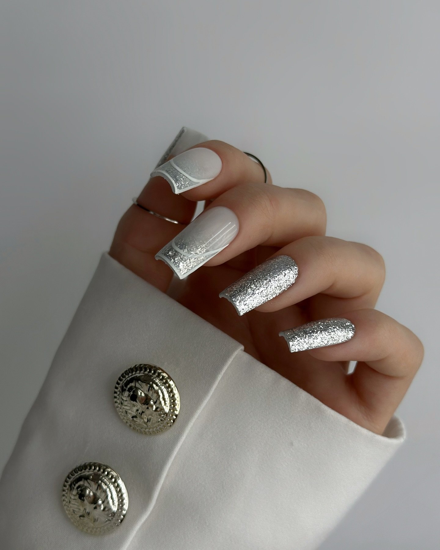 Silver Christmas nails idea 39: White Square Nails with Silver Glitter Tips