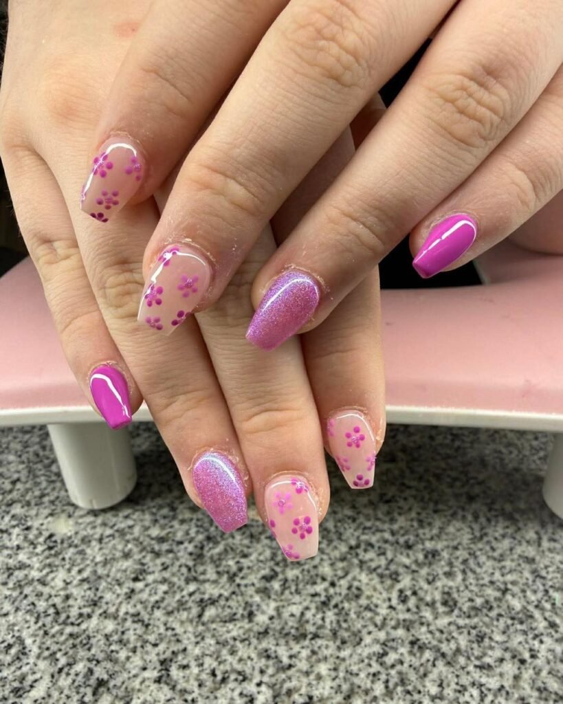 Short Lavender Coffin Nails with Pink Floral Accents