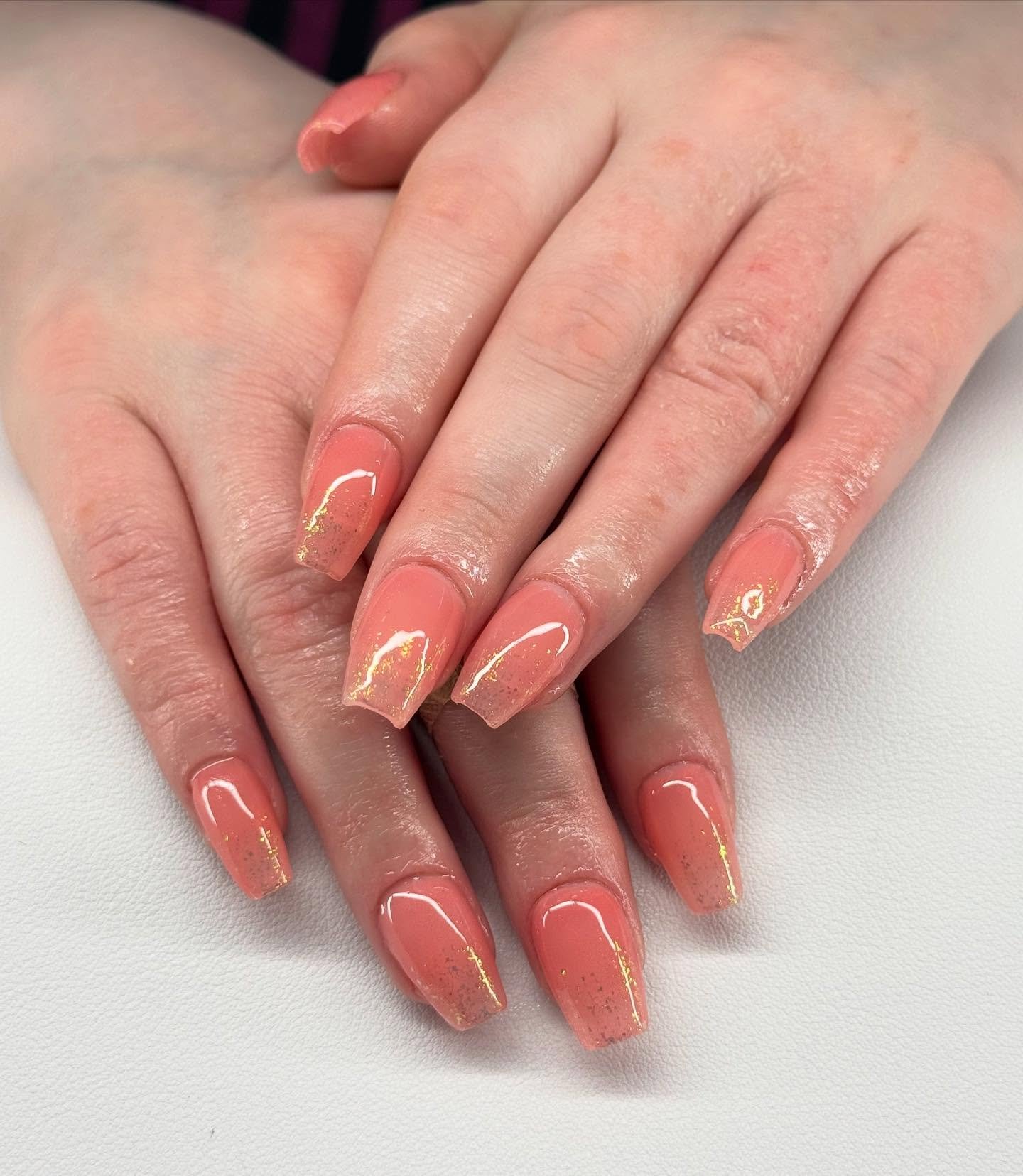 Coral Coffin Nails with Glossy Nude Accents