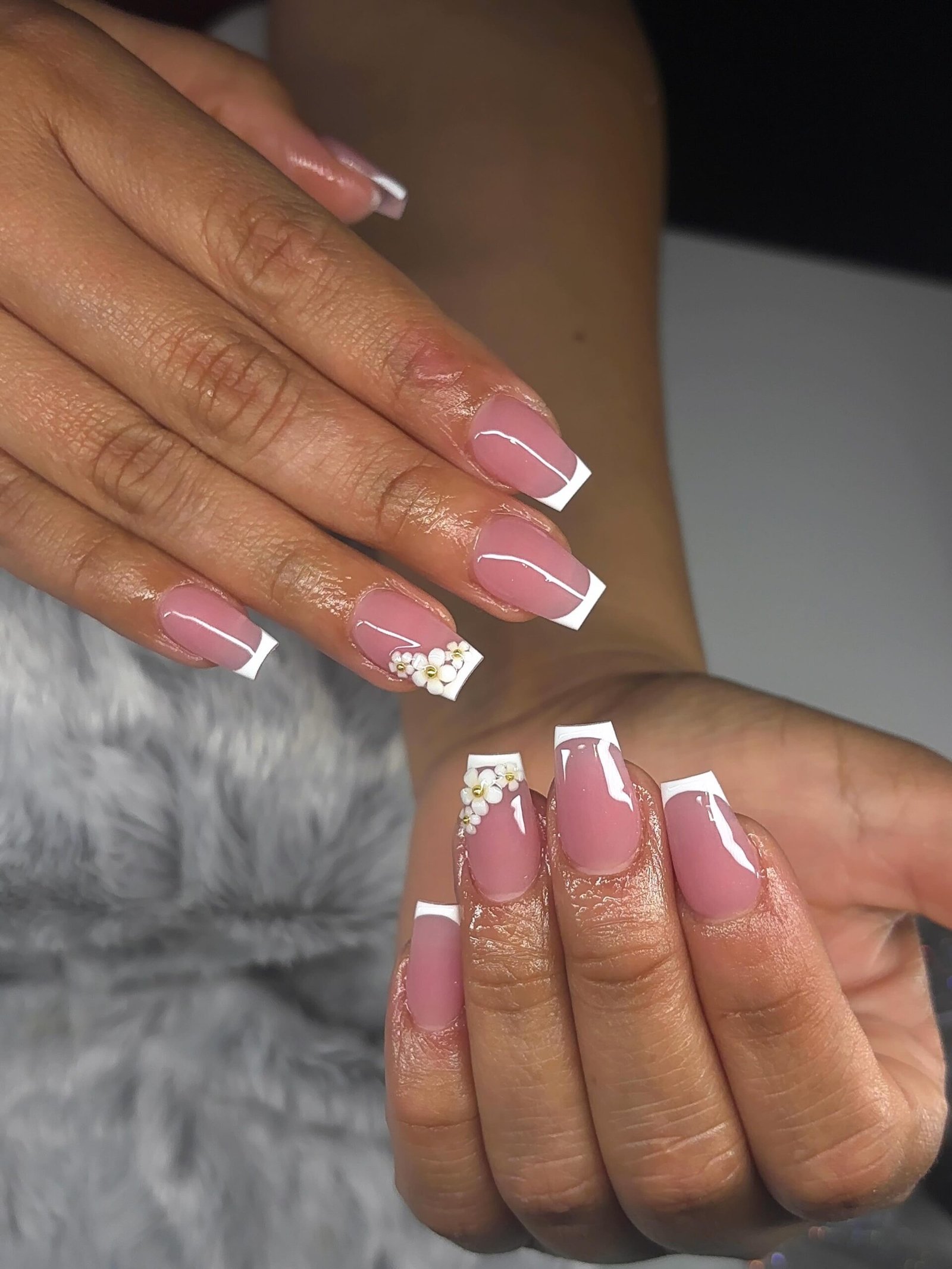Blush Coffin Nails with White French Tips