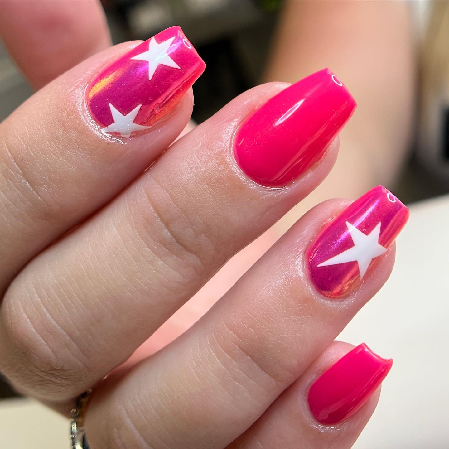 Hot Pink Coffin Nails with White Star Accents